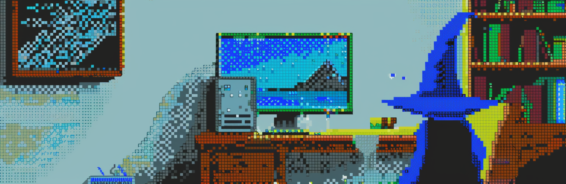 A pixel art scene depicts a wizard sitting at a desk with a computer, surrounded by shelves of books.