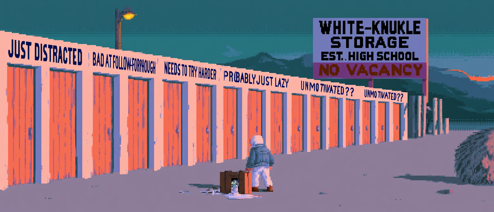 A vast 1990s self-storage facility at dusk where every single unit door is labeled with a different excuse — &ldquo;JUST DISTRACTED,&rdquo; &ldquo;BAD AT FOLLOW-THROUGH,&rdquo; &ldquo;NEEDS TO TRY HARDER,&rdquo; &ldquo;PROBABLY JUST LAZY,&rdquo; &ldquo;UNMOTIVATED??&rdquo; — a small exhausted brain-goblin in a worn-out denim jacket walking down the endless row at sunset, dragging a suitcase that&rsquo;s leaking unfinished projects (a half-painted miniature, a ukulele with three strings, a manuscript on page 12), the facility sign out front reading &ldquo;WHITE-KNUCKLE STORAGE — EST. HIGH SCHOOL — NO VACANCY,&rdquo; long dramatic golden shadows, one flickering security light, a tumbleweed made of overdue library notices