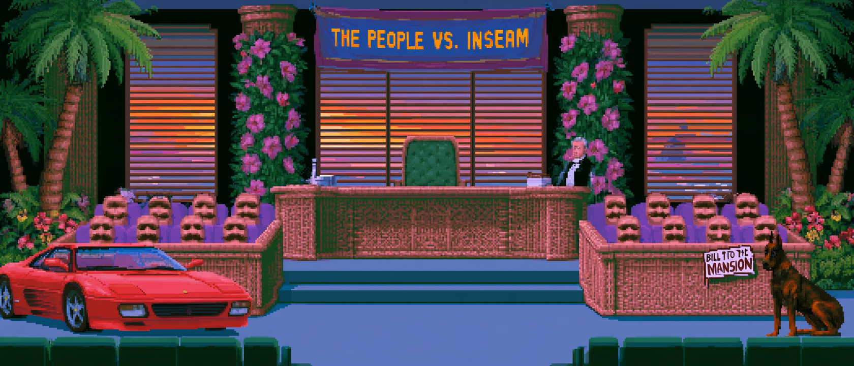 A pair of extremely short 1980s khaki athletic shorts standing trial in a Hawaiian courtroom made entirely of wicker and hibiscus, the shorts are on the witness stand looking dignified and slightly smug, a very proper British butler in a full three-piece suit is prosecuting them while sweating visibly in the tropical heat, the jury box is filled with twelve identical mustaches, a red Ferrari is parked illegally inside the courtroom with a parking ticket on the windshield that reads “BILL IT TO THE MANSION,” a courtroom banner overhead reads “THE PEOPLE VS. INSEAM,” dramatic sunset light coming through slatted blinds, one Dobermann in the gallery is quietly weeping