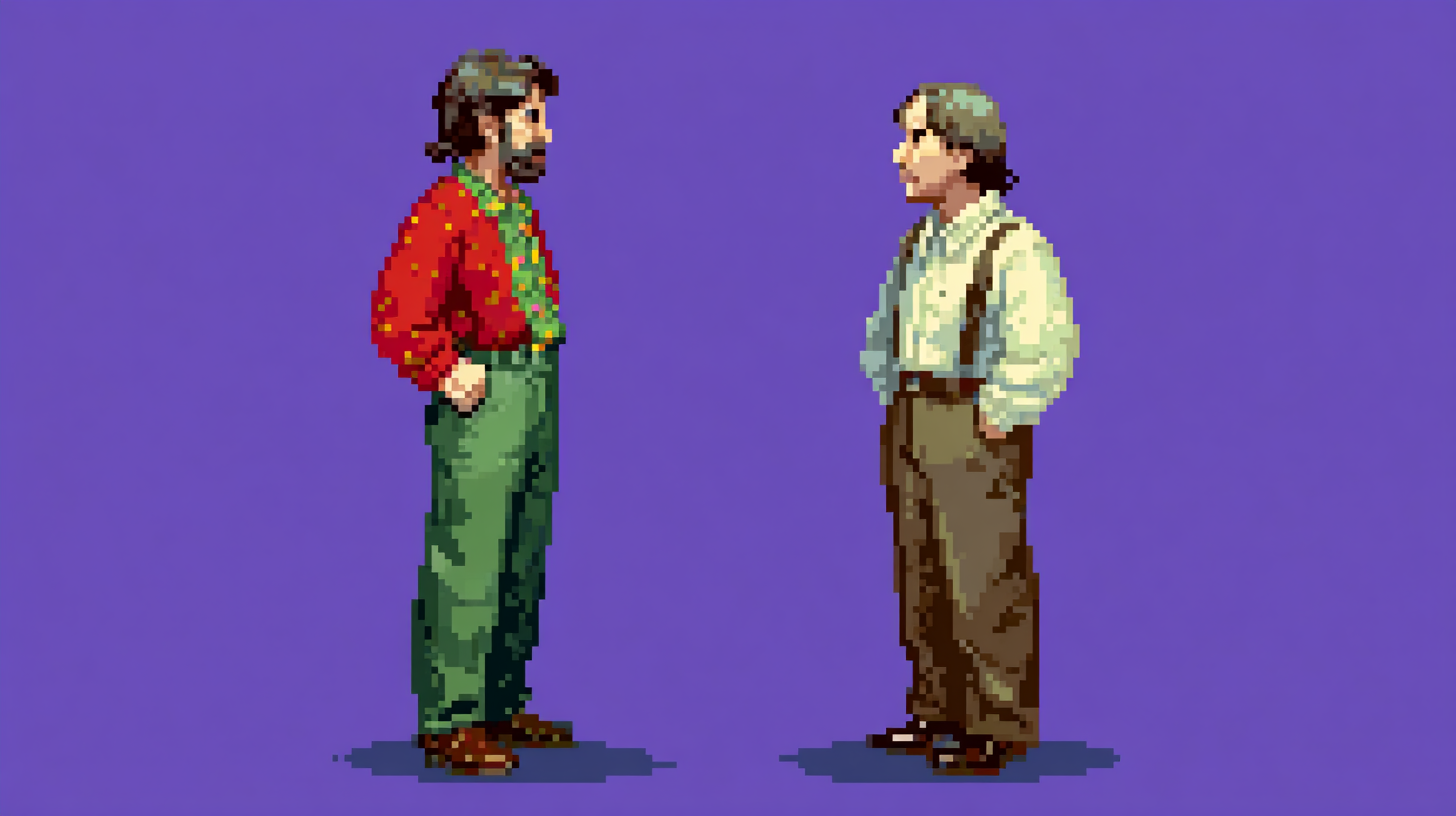 Two figures standing back to back - same height, same build, completely different body language and expression