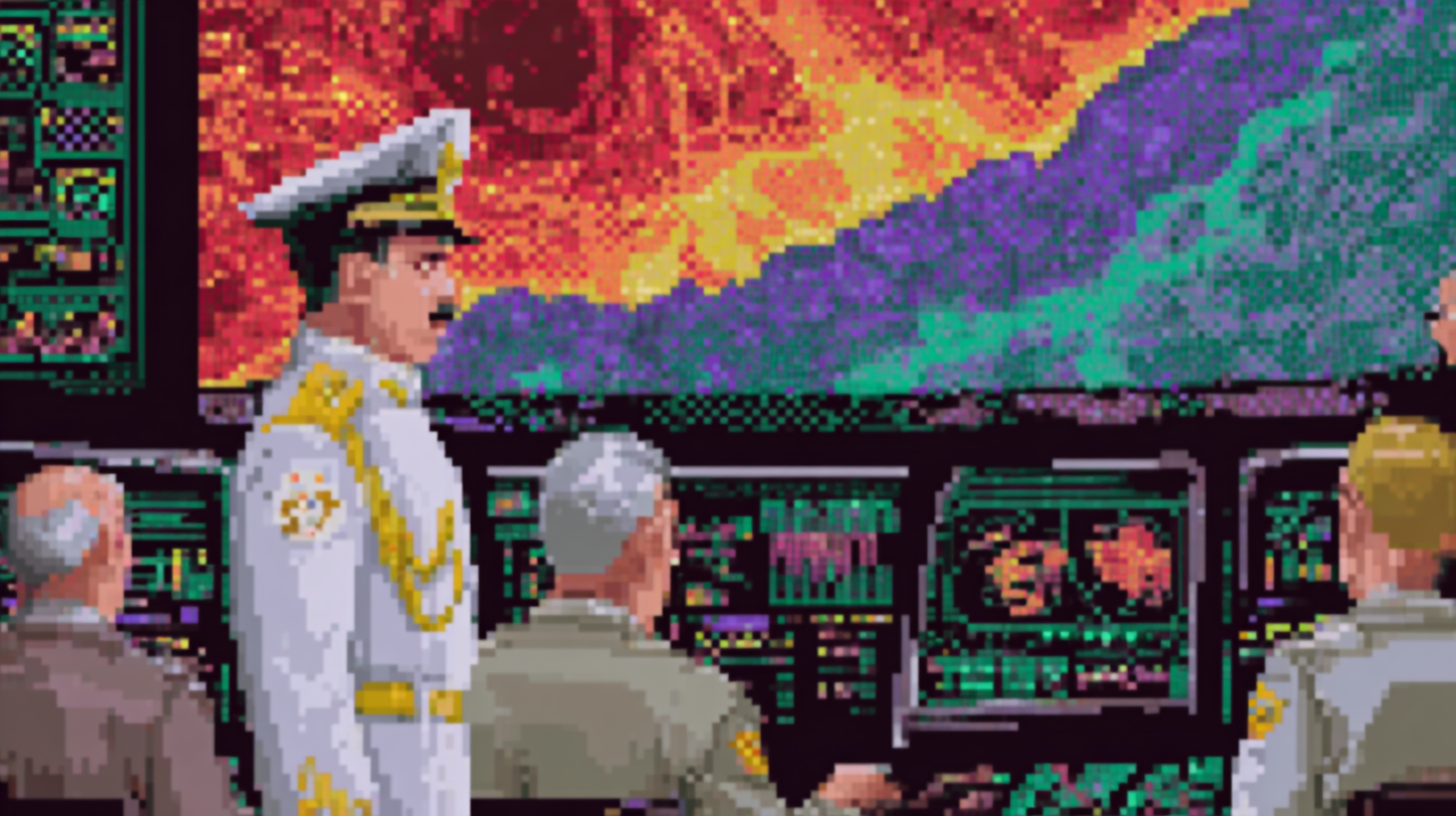 A short man in a sharp military uniform standing before a tactical display, radiating chaotic confidence despite being half the height of everyone else in the room