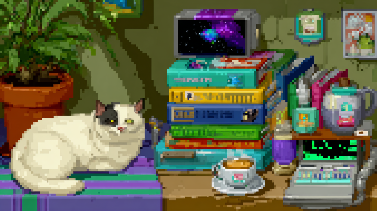A cozy reading nook with a stack of worn paperback sci-fi novels, a cup of tea, and a cat curled up nearby