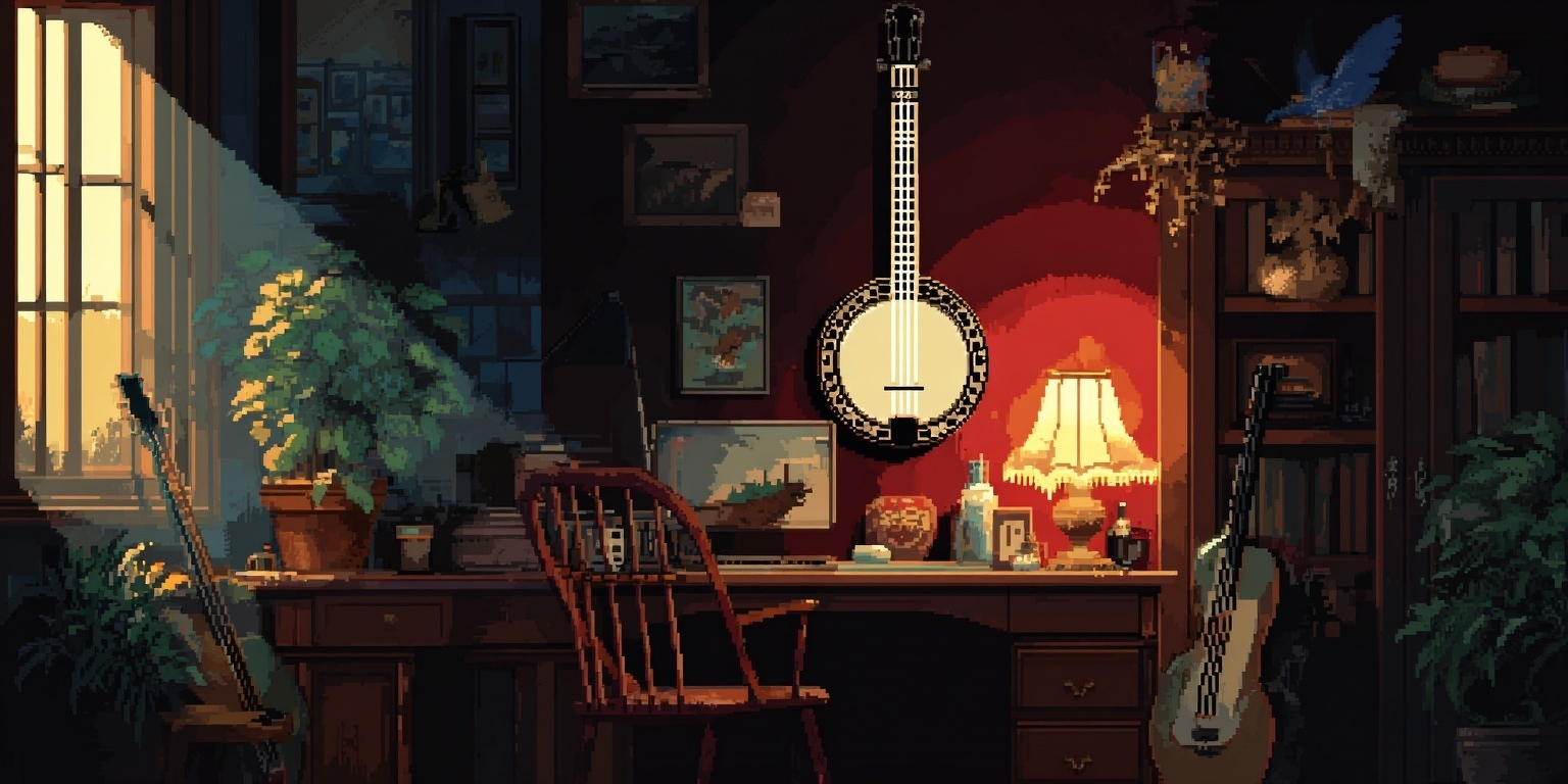 Whimsical illustration of a five-string banjo hanging on a wall, warm lighting, cozy home office vibes, the banjo looking patient and inviting, slightly cartoonish style