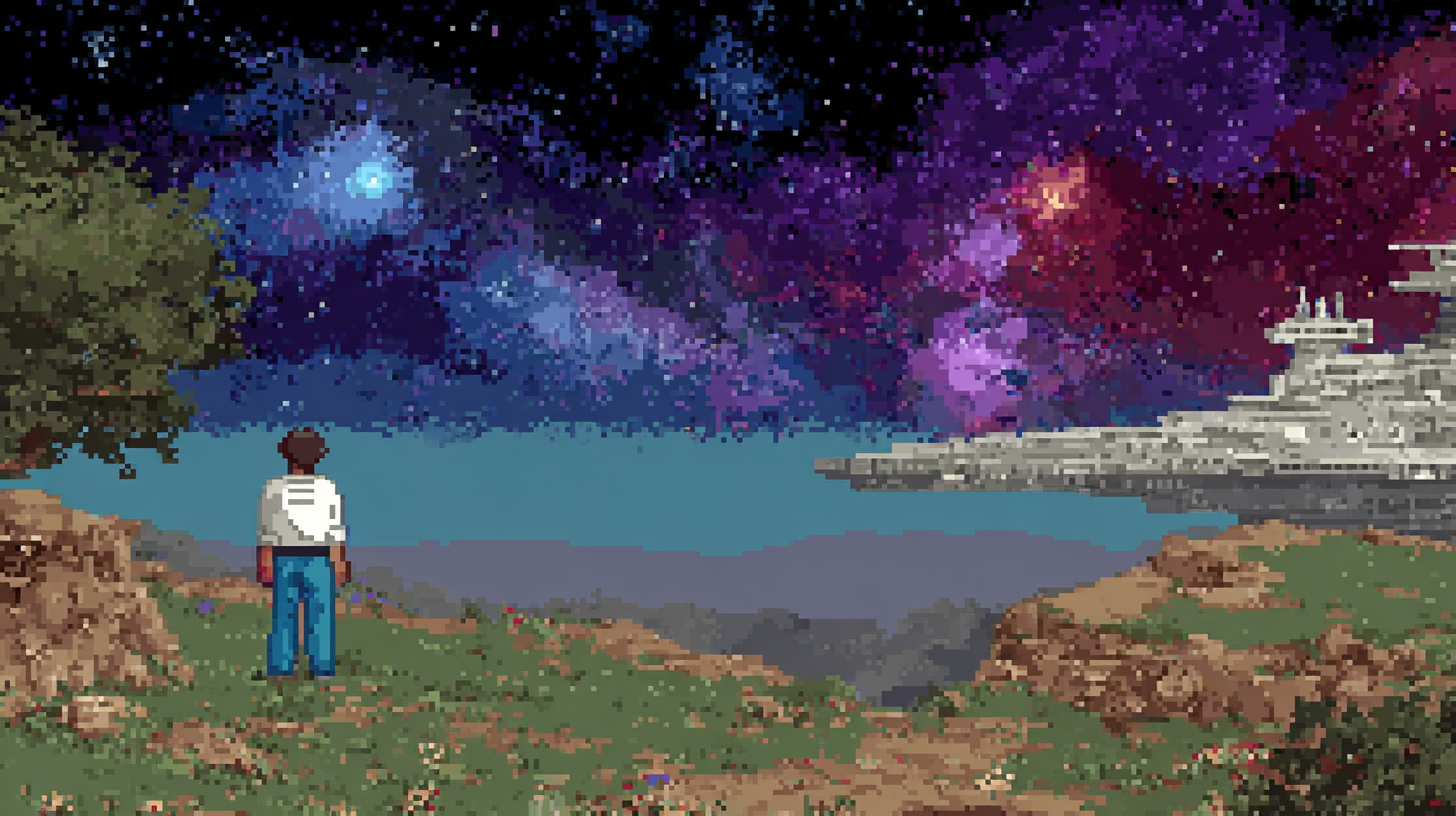 A dramatic space opera scene with a small determined figure standing defiantly against a starfield, military ships looming in the background