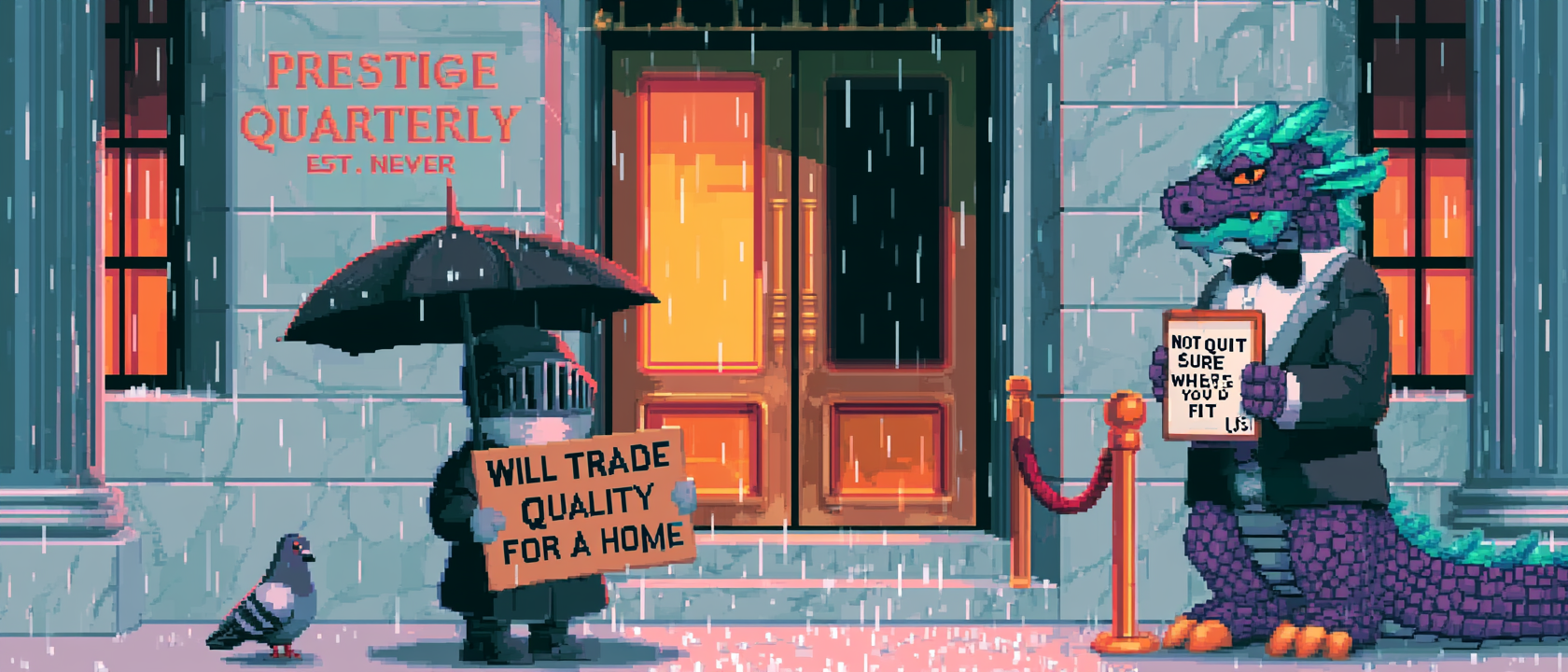 A small black-and-white short-story manuscript wearing a tiny knight’s helmet and holding a cardboard sign that reads “WILL TRADE QUALITY FOR A HOME,” standing in the rain outside the gilded front door of a snooty literary journal whose marble facade is engraved “PRESTIGE QUARTERLY — EST. NEVER,” a velvet rope and a bored doorman dragon in a bow tie holding a clipboard that says “NOT QUITE SURE WHERE YOU’D FIT,” a rejection slip taped to the manuscript’s chest reading “WE LIKED YOU, IT’S NOT YOU IT’S US,” a single sad pigeon sharing its umbrella, warm light spilling from the windows the manuscript is not allowed into, dramatic noir lighting, a tiny tear of printer ink running down the title page