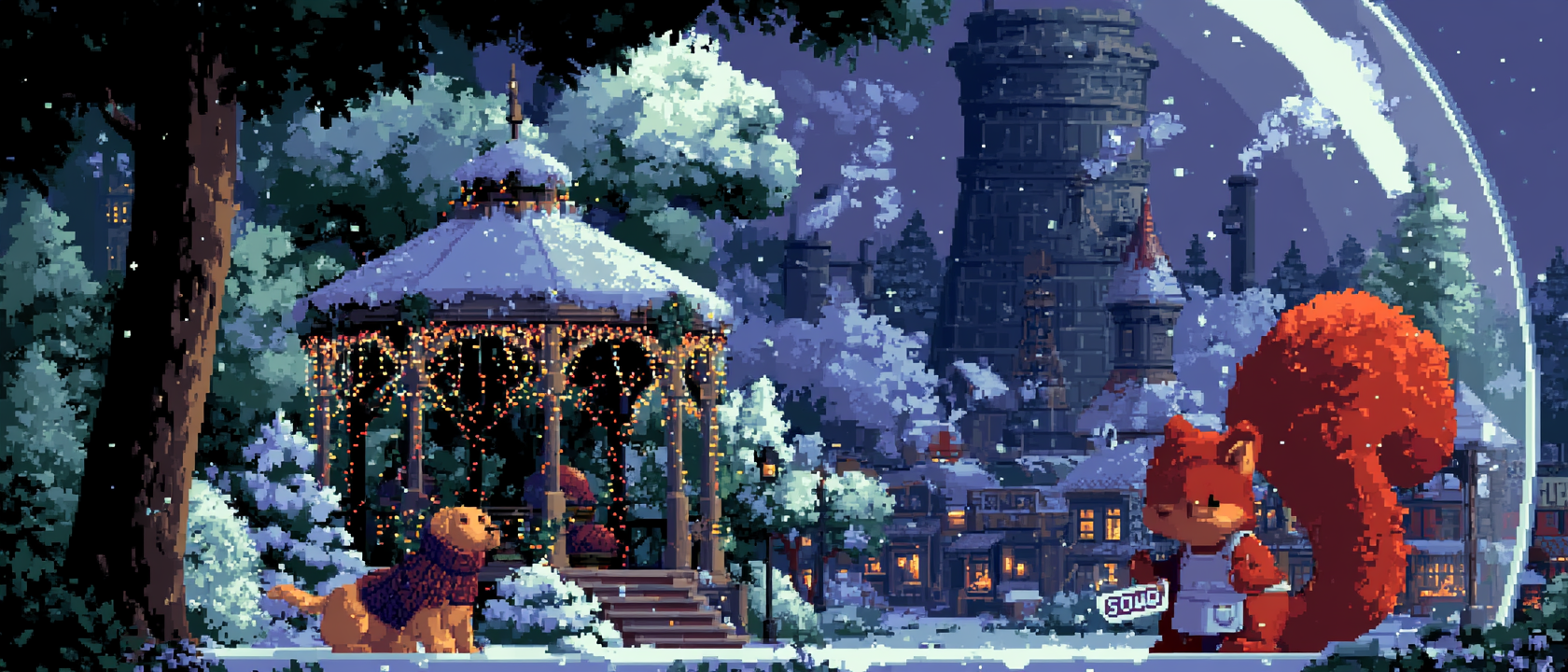 A 31-door advent calendar where every door is a tiny skein of hand-dyed yarn, nestled inside a snow-globe town that is suspiciously, aggressively perfect — a gazebo strung with fairy lights, a golden retriever in a hand-knit sweater, a big-city woman in a peacoat who has just Learned The True Meaning Of Christmas, and behind it all, a frazzled squirrel in a tiny apron (the Little Squirrel Yarn mascot) furiously dyeing yarn with steam rising off the dye pots and sweat flying off its little brow. One advent door is already empty with a &ldquo;SOLD&rdquo; sticker slapped over it. Dramatic snowfall. The whole scene is lit like a TV movie that absolutely, contractually, will end in a kiss at minute 84.