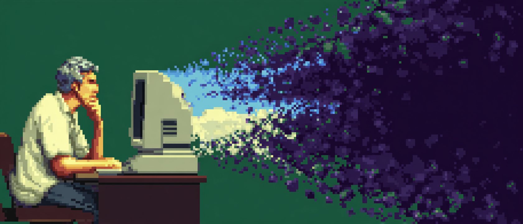 A man sitting at a computer with dark clouds coming out the back