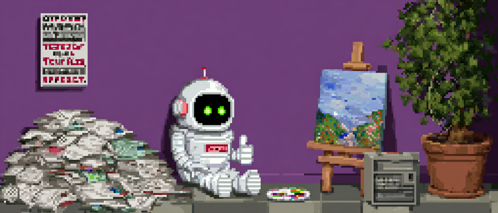 A cheerful cartoon robot at an easel painting a terrible stick figure while a human sits in the background buried under a mountain of laundry, spreadsheets, and tax forms, the robot’s name tag reads ‘YOUR REPLACEMENT’ in comic sans, a corporate motivational poster on the wall says ‘DO MORE WITH LESS (PEOPLE)’ with a stock photo of a thumbs up, fluorescent office lighting casting a soul-crushing glow over the whole scene, a single wilting plant on the windowsill that nobody has watered since the layoffs