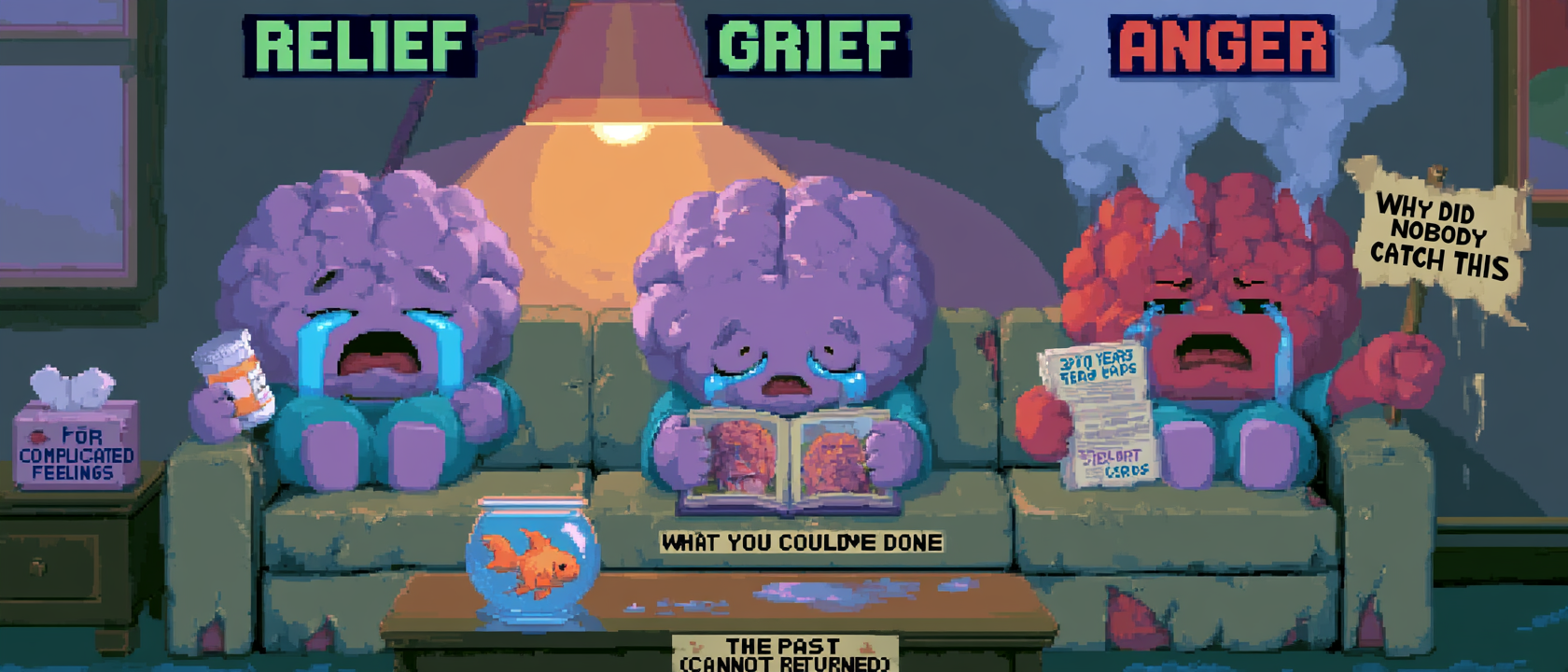 Three identical cartoon brains sitting shoulder-to-shoulder on a worn therapy couch, each one crying in a completely different emotional register and labeled accordingly — the left brain labeled &ldquo;RELIEF&rdquo; sobbing happy tears while clutching a freshly-filled prescription bottle like a winning lottery ticket, the middle brain labeled &ldquo;GRIEF&rdquo; staring devastated at a photo album of its younger self captioned &ldquo;WHAT YOU COULD&rsquo;VE DONE,&rdquo; the right brain labeled &ldquo;ANGER&rdquo; red-faced and steaming, holding a stack of thirty years of report cards and gripping a crumpled sign reading &ldquo;WHY DID NOBODY CATCH THIS,&rdquo; a single sympathetic therapist-lamp shining warm light over all three, a tissue box that says &ldquo;FOR COMPLICATED FEELINGS,&rdquo; a coffee table with a goldfish bowl and a label &ldquo;THE PAST (CANNOT BE RETURNED),&rdquo; soft melancholy window light, a tiny donkey mascot holding all three of their hands at once somehow