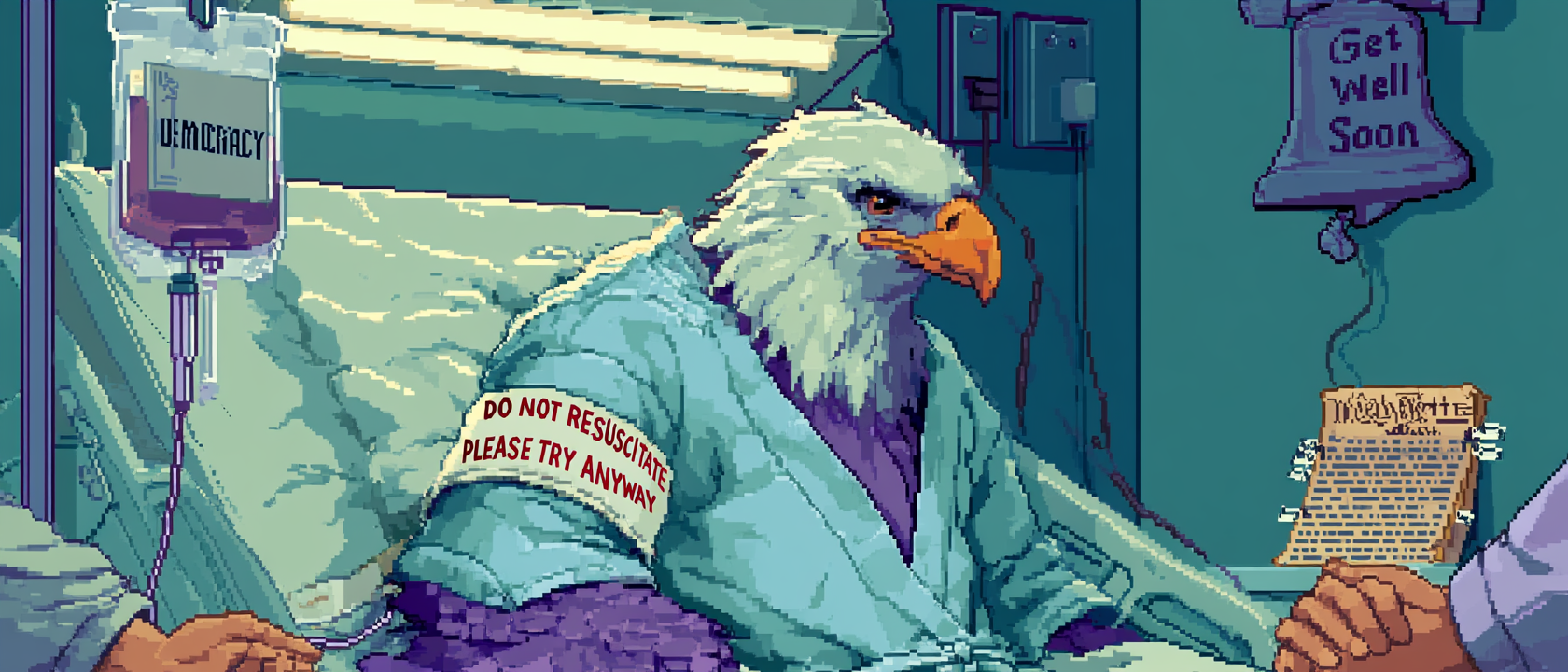 A bald eagle in a hospital gown lying in a hospice bed under harsh fluorescent lighting, hooked up to an IV bag labeled &ldquo;DEMOCRACY&rdquo; that is clearly empty and dripping nothing, wearing a DO NOT RESUSCITATE bracelet that someone has scratched out in red pen and rewritten as &ldquo;PLEASE TRY ANYWAY,&rdquo; a Get Well Soon balloon shaped like the Liberty Bell deflating sadly in the corner, a dog-eared pocket Constitution propped up on the bedside table with little tabbed bookmarks sticking out of every amendment, and in the foreground two human hands holding each other tight at the edge of the frame refusing to leave the room