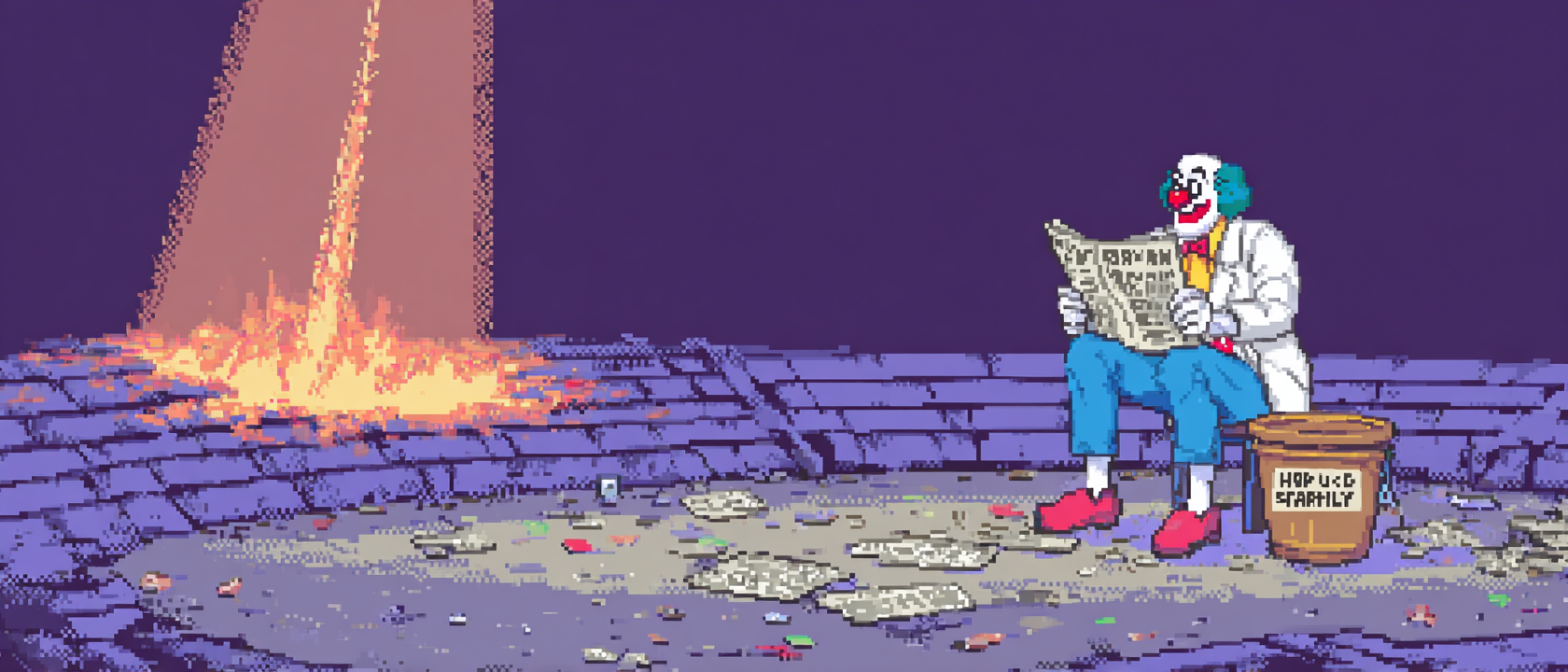 A battered Auguste clown sitting alone on a tiny stool in the middle of an enormous empty circus ring, oversized shoes untied, red nose slightly crooked, reading a newspaper with the headline ‘EVERYTHING IS FINE’ while behind him the entire big top is visibly on fire, a single spotlight illuminating him from above, confetti on the ground that nobody threw, a bucket of water next to him labeled ‘HOPE — USE SPARINGLY’