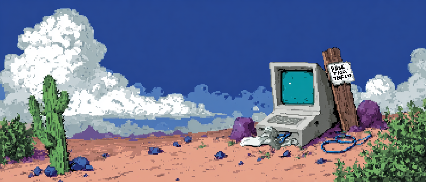 A beaten-up wooden soapbox sitting in the middle of a vast empty desert, a single ethernet cable trailing off into the horizon behind it, a weathered sign nailed to it reading &lsquo;FREE THOUGHTS — TAKE ONE,&rsquo; a tumbleweed made entirely of tangled USB cables rolling past, the sky is a gradient of early-2000s default Windows XP wallpaper fading into a modern dark mode void, one small cactus in the background wearing a tiny cowboy hat and looking concerned