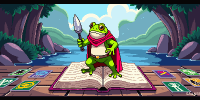 A beautifully illustrated fantasy RPG book with cards spread beside it, featuring a heroic frog person warrior