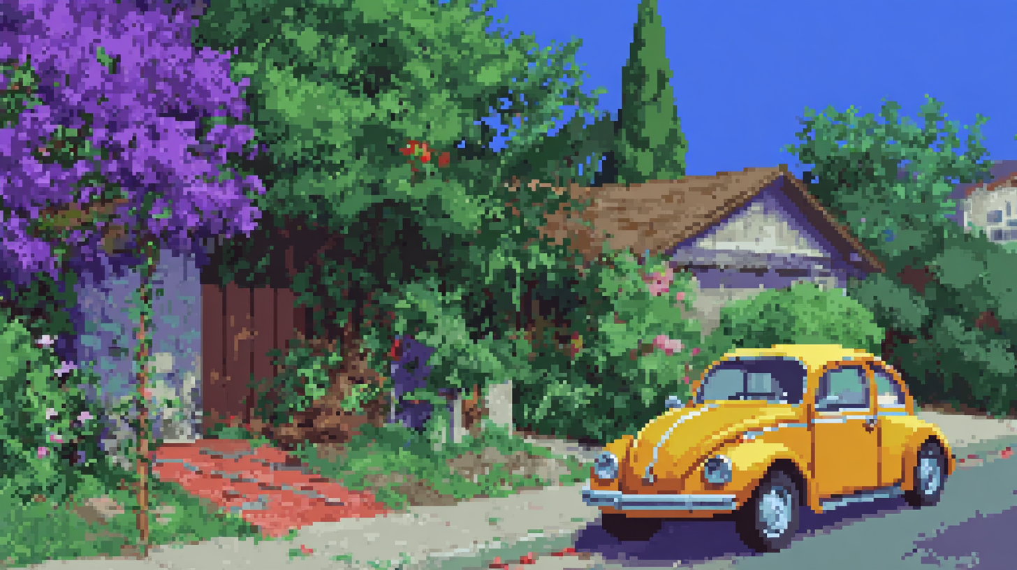 A bright yellow 1957 VW Beetle with its distinctive oval rear window, warm sunlight, the feeling of something loved and well-used