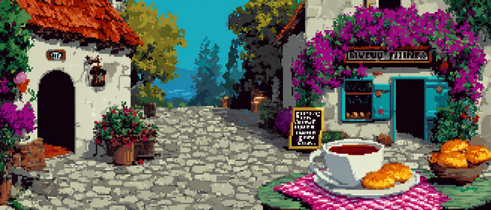 A chalk outline of a body on a quaint cobblestone village patio, but someone has placed a gingham napkin over the outline’s chest with a plate of perfectly golden scones and a steaming cup of tea on top, a hand-painted sign in the background reading “BIENVENUE À THREE PINES — POPULATION: DECLINING,” fairy lights strung between two charming storefronts, autumn leaves everywhere, absurdly cozy despite the forensic evidence