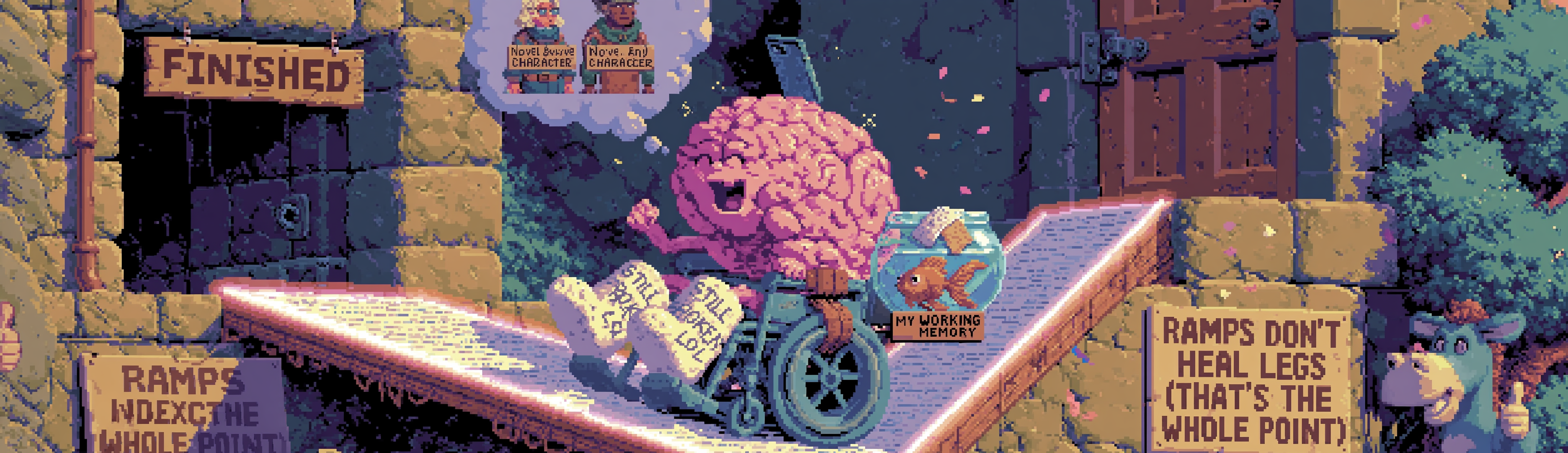 A cheerful cartoon brain in a wheelchair zooming triumphantly up a glowing index-card ramp toward a door marked &ldquo;FINISHED&rdquo; — while being a complete disaster in every other way: both its little legs are still in plaster casts scrawled with &ldquo;STILL BROKEN LOL,&rdquo; it is simultaneously dropping an enormous ring of keys straight down a storm drain, its phone is balanced on top of its own head while it frantically searches its pockets for the phone, a thought-bubble shows a single novel character wearing two different name tags; strapped to the wheelchair is a tiny fishbowl containing a goldfish with a head bandage, labeled &ldquo;MY WORKING MEMORY&rdquo;; a sign at the bottom of the ramp reads &ldquo;RAMPS DON&rsquo;T HEAL LEGS (THAT&rsquo;S THE WHOLE POINT),&rdquo; warm hopeful afternoon light, confetti, a small donkey mascot giving an enthusiastic and slightly concerned thumbs up