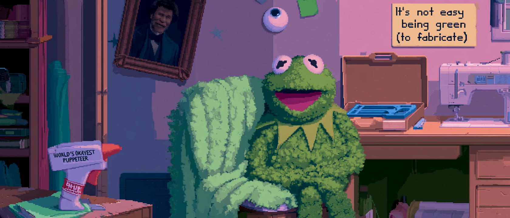 A cluttered home craft workshop rendered with anxious reverence, a half-empty bolt of grass-green antron fleece draped dramatically over a chair like a fainting Victorian heroine, a single floating ping-pong-ball eye staring directly at the viewer with the weight of a thousand expectations, a hot glue gun wearing a tiny &ldquo;WORLD&rsquo;S OKAYEST PUPPETEER&rdquo; sweatband, dust motes catching golden afternoon light, a framed photo of Jim Henson on the wall slightly tilted and beaming with terrifying encouragement, an open foam-cutting kit, a sewing machine quietly judging, and a sticky note on the wall that just reads &ldquo;it&rsquo;s not easy being green (to fabricate)