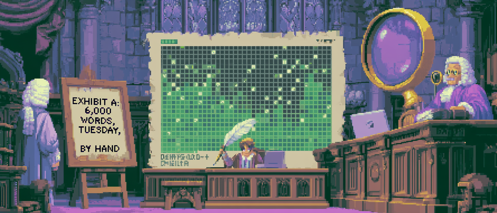 A courtroom scene where a nervous novelist at the defendant&rsquo;s stand holds up an enormous printed green contribution-graph as an alibi — but instead of GitHub squares, each tile is a tiny quill pen — while an easel displays a placard reading &ldquo;EXHIBIT A: 6,000 WORDS, TUESDAY, BY HAND,&rdquo; the prosecutor is a smug laptop in a powdered wig, the judge is a giant magnifying glass with a monocle, a single ghostly em-dash floats above the witness stand like a suspect being identified in a lineup, dramatic gothic-meets-90s-VGA lighting, one sweat-pixel rolling down the novelist&rsquo;s brow