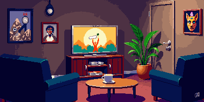 A cozy living room scene with a TV showing a mystery being solved, warm lighting, a cup of tea, maybe some Maine vibes