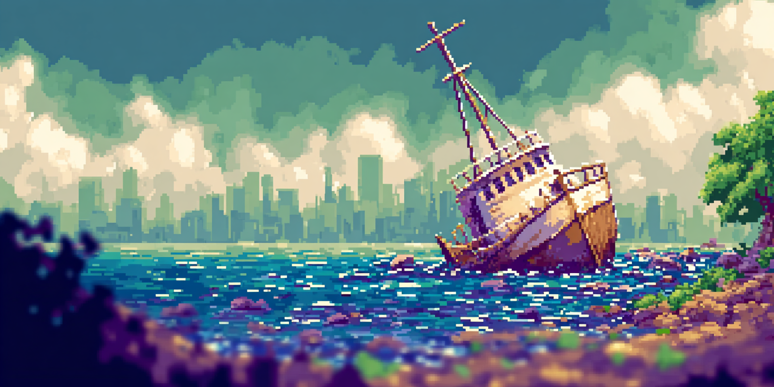 A damaged yacht rudder underwater with dark shapes circling in the murky distance, forensic and unsettling, the aftermath of coordinated attack