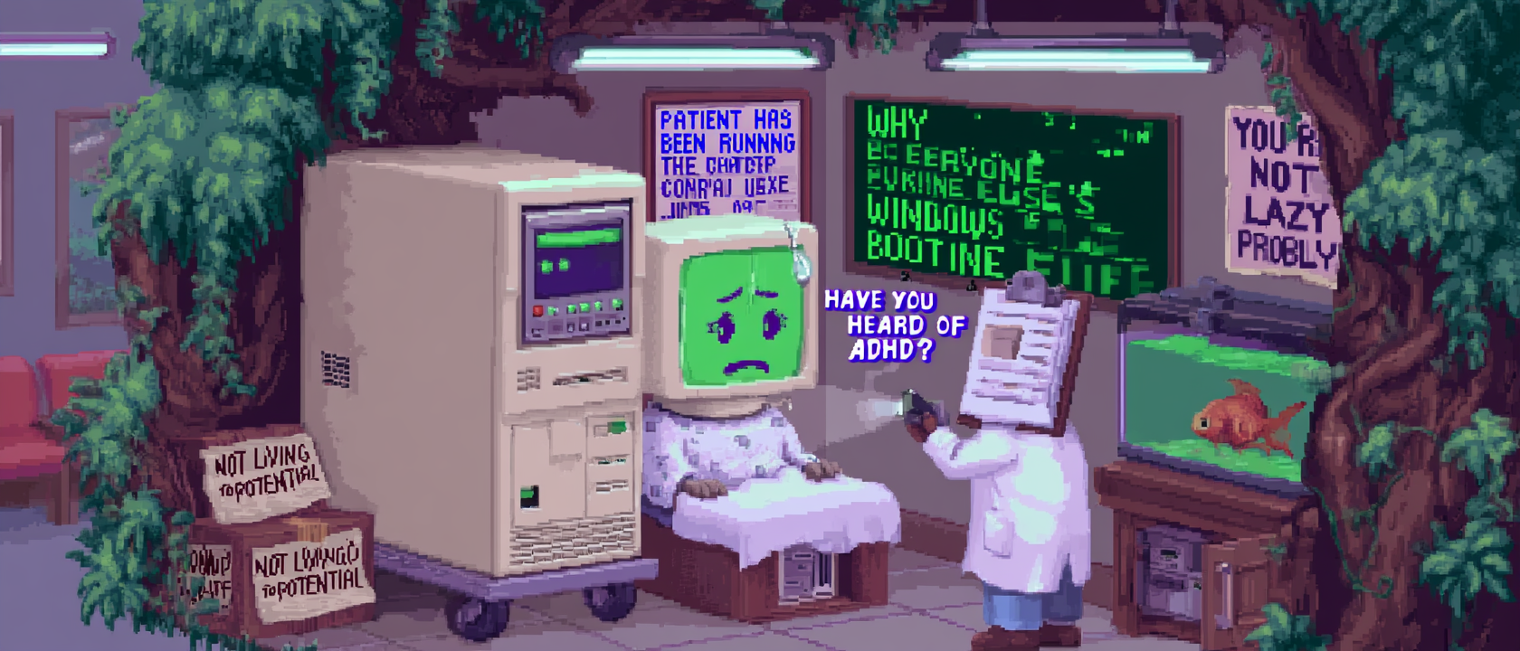 A cross-section of a 1990s beige desktop computer tower being wheeled into a tiny anthropomorphized doctor&rsquo;s office, the computer sitting on the exam table in a paper gown with a worried expression on its CRT-monitor face, a sympathetic clipboard-headed doctor pointing a penlight at the floppy drive while gently saying &ldquo;have you heard of ADHD?&rdquo;, a diagnostic chart on the wall reading &ldquo;PATIENT HAS BEEN RUNNING THE SAME CORRUPTED .EXE SINCE 1995&rdquo;, the computer&rsquo;s error message reading &ldquo;WHY IS EVERYONE ELSE&rsquo;S WINDOWS BOOTING FINE&rdquo;, a dusty box of crayon report cards in the corner all marked &ldquo;NOT LIVING UP TO POTENTIAL,&rdquo; a single tear of coolant rolling down the monitor, fluorescent waiting-room lighting, a fish tank with one very tired goldfish, a motivational poster reading &ldquo;YOU&rsquo;RE NOT LAZY (PROBABLY)