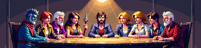 A group of diverse fantasy adventurers gathered around a table, dramatic lighting, heroic poses, narrative storytelling vibes