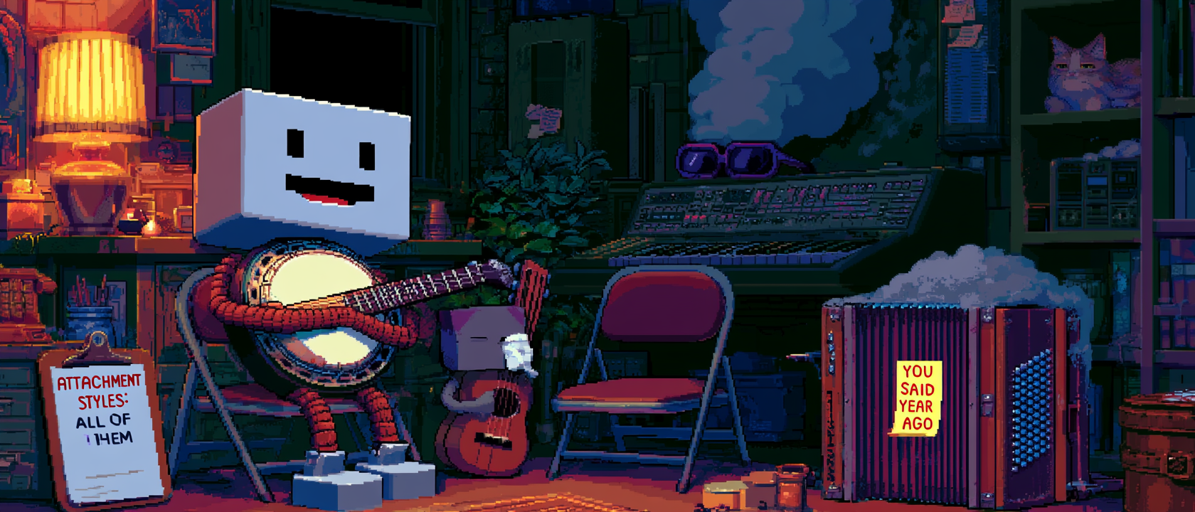 A cartoonishly dramatic group-therapy circle held in a cozy cluttered home office, four anthropomorphized instruments sitting in folding chairs working through their feelings: a five-string banjo with a smug confident grin and crossed string-arms because it KNOWS it&rsquo;s the favorite, a tiny ukulele dabbing one eye with a tissue while humming something sad, a synthesizer wearing tiny sunglasses and vaping fog in the back not taking any of this seriously, and a guilt-trip concertina off to the side covered in a thin layer of dust with a single accusatory sticky note reading &ldquo;YOU SAID A YEAR AGO,&rdquo; a therapist clipboard on the floor titled &ldquo;ATTACHMENT STYLES: ALL OF THEM,&rdquo; warm lamp light, a cat watching judgmentally from a bookshelf