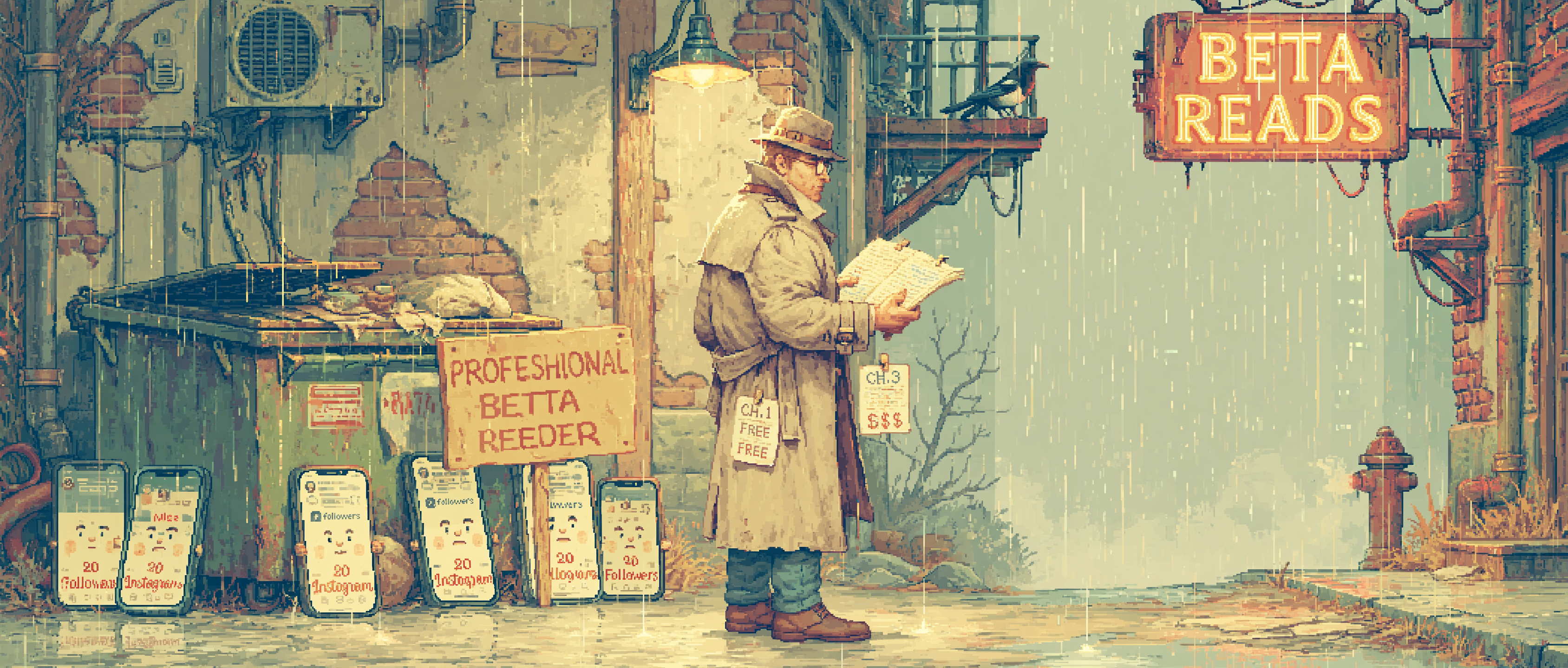 A trench-coated figure in a rain-slicked noir alley flashing open the coat to reveal not stolen watches but loose manuscript pages clipped inside, labeled &ldquo;CH. 1 — FREE,&rdquo; &ldquo;CH. 2 — FREE,&rdquo; and &ldquo;CH. 3 — $$$