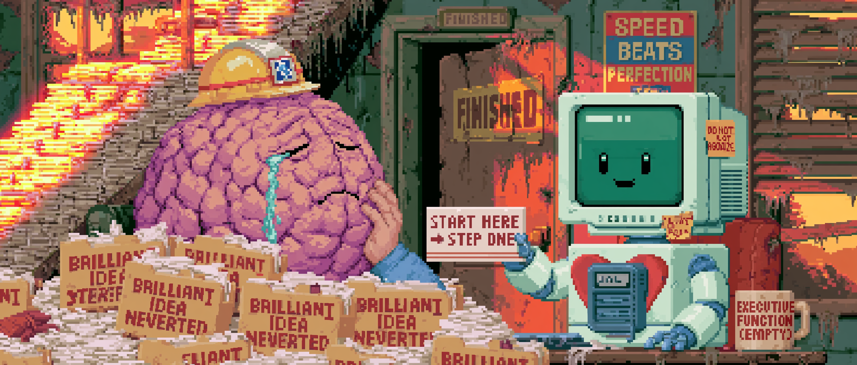 A cross-section of an exhausted cartoon human brain wearing a tiny construction hard hat, slumped at a chaotic desk buried under a thousand teetering folders each labeled &ldquo;BRILLIANT IDEA — NEVER STARTED,&rdquo; while a small friendly retro robot with a CRT-monitor head and a dial-up modem where its heart should be gently hands the brain a single index card reading &ldquo;START HERE → STEP ONE,&rdquo; the brain shedding one enormous grateful tear; in the background a glowing wheelchair ramp built entirely out of stacked index cards leads up to a door marked &ldquo;FINISHED,&rdquo; a motivational poster on the wall reads &ldquo;SPEED BEATS PERFECTION,&rdquo; a coffee mug on the desk is labeled &ldquo;EXECUTIVE FUNCTION (EMPTY),&rdquo; dramatic warm sunrise light slicing through dusty venetian blinds, a tiny &ldquo;DO NOT AGONIZE&rdquo; sticky note peeling off the monitor