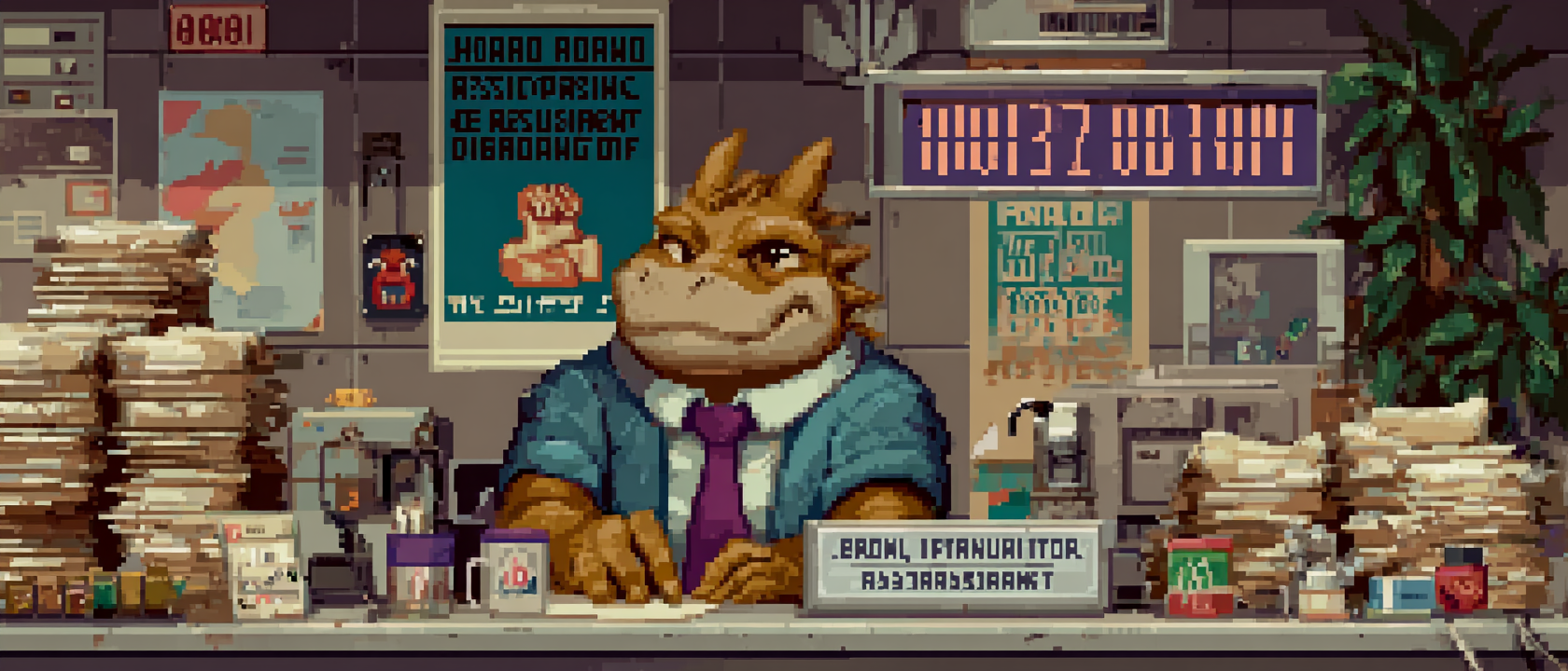 An exhausted middle-aged dragon in a too-tight short-sleeve dress shirt and clip-on tie sitting behind a beige metal government-issue desk piled with manila folders, the nameplate reads &ldquo;V. THORNFANG, DEPUTY ASSISTANT REGISTRAR&rdquo; with a hand-corrected sticker over the original title, a &lsquo;NOW SERVING: 0047&rsquo; deli-counter ticker glows above his head, the wall behind him has a poster that says &ldquo;HOARD RESPONSIBLY: A LICENSED DRAGON IS A LEGAL DRAGON&rdquo; with a thumbs-up cartoon dragon, a smaller poster reads &ldquo;FORM 27-B IS NOT A SUGGESTION,&rdquo; a coffee mug labeled &ldquo;WORLD&rsquo;S OKAYEST AUDITOR&rdquo; sits next to a stack of cursed objects in evidence baggies, a damsel in a cardigan sits in a plastic waiting-room chair in the background reading a three-month-old issue of HIGHLIGHTS magazine, fluorescent lighting, drop ceiling tiles with one stained brown, a single sad potted plant, the dragon is using a tiny rubber stamp on a piece of paper that is on fire and he has not noticed, in the foreground a sign on the counter reads &ldquo;BUREAU OF HOARD INTEGRITY — PLEASE TAKE A NUMBER,&rdquo; gritty office realism meets fantasy, slightly desaturated palette, DMV energy