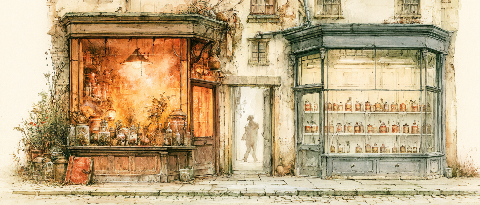 wo adjacent fantasy shop windows on a small-town main street at late afternoon, viewed from across the cobbled street. The left shop window glows warm honey amber from within, cluttered with glass jars of dried herbs, copper pots, a leather-bound journal on a worn wood counter, lamplight catching dust. The right shop window is cool slate grey and clean, with evenly spaced identical bottles on standardized shelves, institutional lighting, glass reflecting the sky. A faint silhouette of a person walking between the two doorways. Painterly book cover illustration, warm and cool color tension, gold-hour light, composed for upper third negative space, mood of quiet rivalry