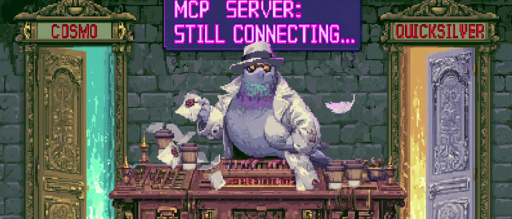A film-noir carrier pigeon in a tiny trench coat and fedora standing at a Victorian switchboard between three ornate doors labeled COSMO, FREDDIE, and QUICKSILVER, frantically ferrying little wax-sealed letters between them, one door leaking teal light, one amber, one silver, a blinking neon sign in the background that reads “MCP SERVER: STILL CONNECTING…”, the pigeon has three coffee cups and the eye bags of a creature who has not slept, a single feather drifting down through the dramatic lighting