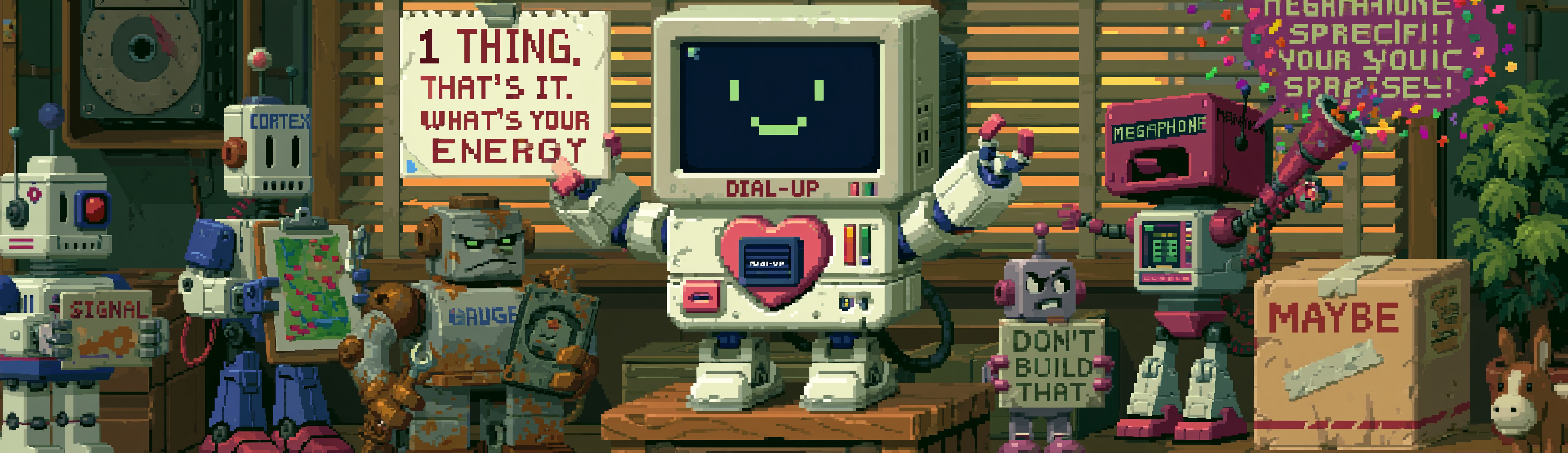 Five small retro robots holding a morning stand-up meeting on top of a suspiciously, miraculously clean desk; the leader is a friendly CRT-monitor-headed bot with a dial-up modem heart (labeled &ldquo;DIAL-UP&rdquo;) holding up a single index card that reads &ldquo;1 THING. THAT&rsquo;S IT. WHAT&rsquo;S YOUR ENERGY?