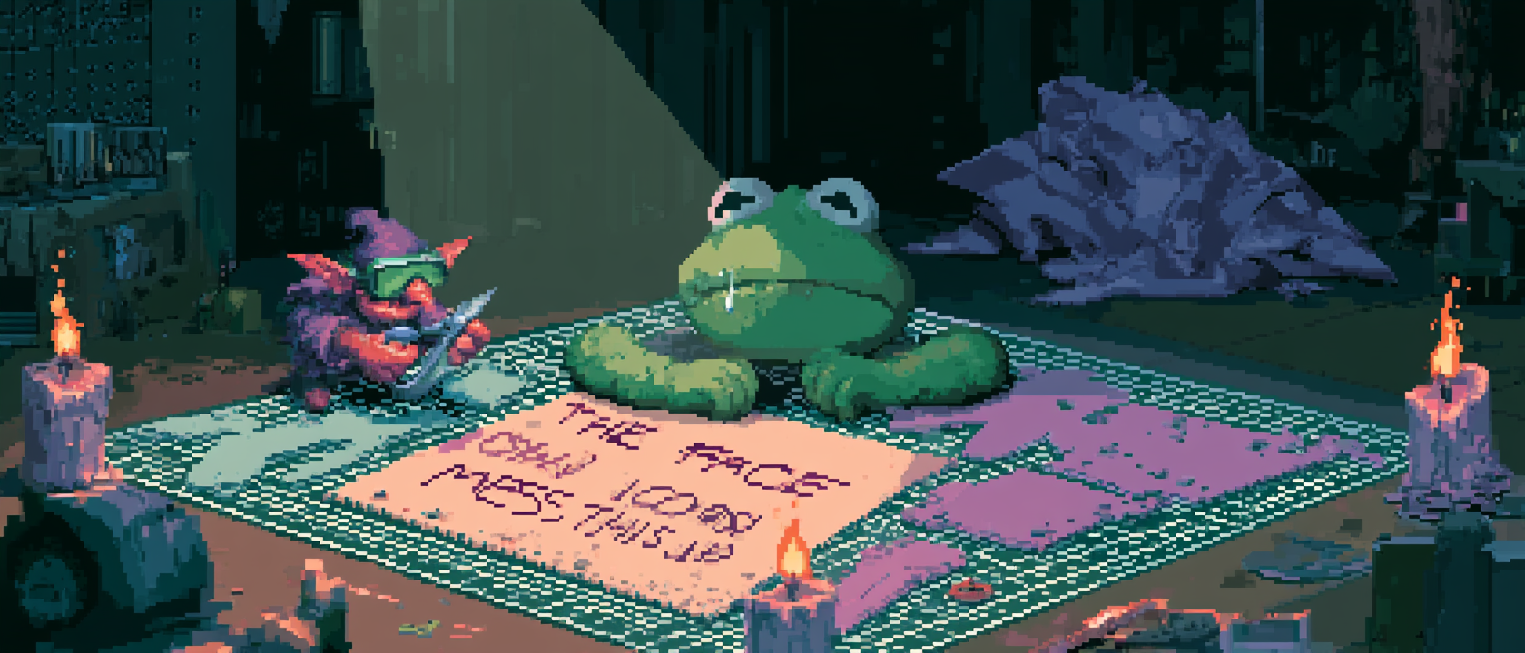 A foam puppet head pattern laid out on a cutting mat, except the pattern pieces are arranged like a sacred ritual circle, candles at each corner, the central piece labeled in shaky handwriting &ldquo;THE FACE OF AN ICON DO NOT MESS THIS UP,&rdquo; a tiny anxious craft-goblin in safety goggles holding scissors with both hands and sweating, a half-collapsed foam mock-up in the background looking slightly like Kermit if Kermit had been through some things, dramatic single-spotlight lighting like the puppet is about to give a TED talk it is not ready for