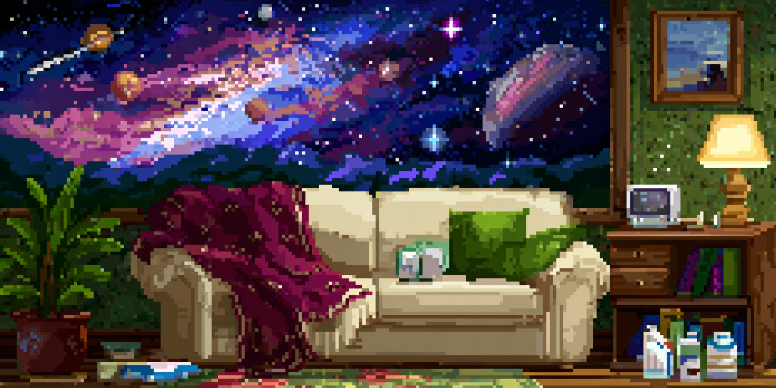 A cozy living room scene at night, soft lamp light, a TV screen showing a starfield and distant planets, a blanket-covered couch, the feeling of recovery and rest, warm and safe despite the medical supplies visible in the corner, intimate and hopeful