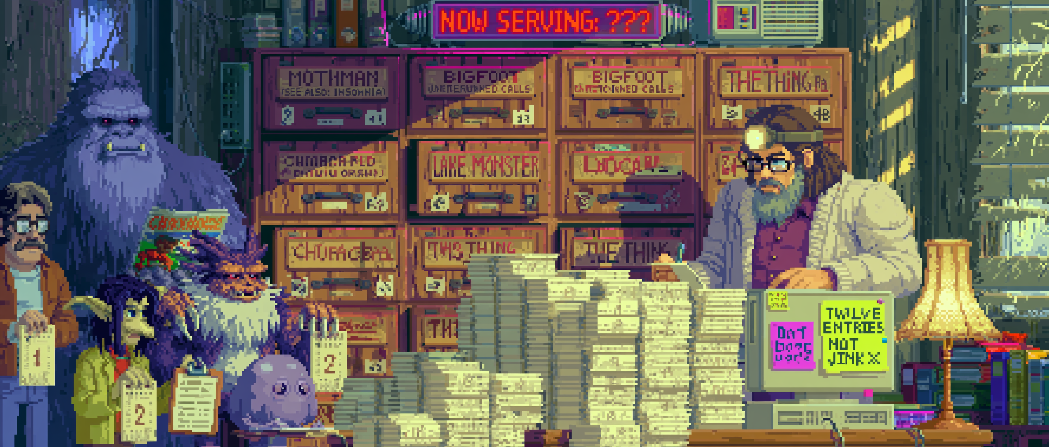 A frazzled cryptozoologist-librarian in a cardigan and headlamp frantically filing index cards into an enormous wall of wooden card-catalog drawers, each drawer labeled in cramped handwriting — &ldquo;MOTHMAN (SEE ALSO: INSOMNIA),&rdquo; &ldquo;BIGFOOT — UNRETURNED CALLS,&rdquo; &ldquo;LAKE MONSTER, LOCAL,&rdquo; &ldquo;THE THING IN 4B&rdquo; — while the actual cryptids loiter impatiently in a waiting-room line clutching paper number tickets; a sasquatch reads a six-month-old magazine, a chupacabra taps its claws, a very small unidentified blob fills out a clipboard form; a flickering &ldquo;NOW SERVING: ???&rdquo; sign hums overhead; towering stacks of bestiary cards avalanche off the desk; one sticky note on the monitor reads &ldquo;TWELVE ENTRIES DONE — DO NOT JINX IT&rdquo;; warm dusty lamplight, dramatic shafts of sun through grimy blinds, deeply over-organized chaos