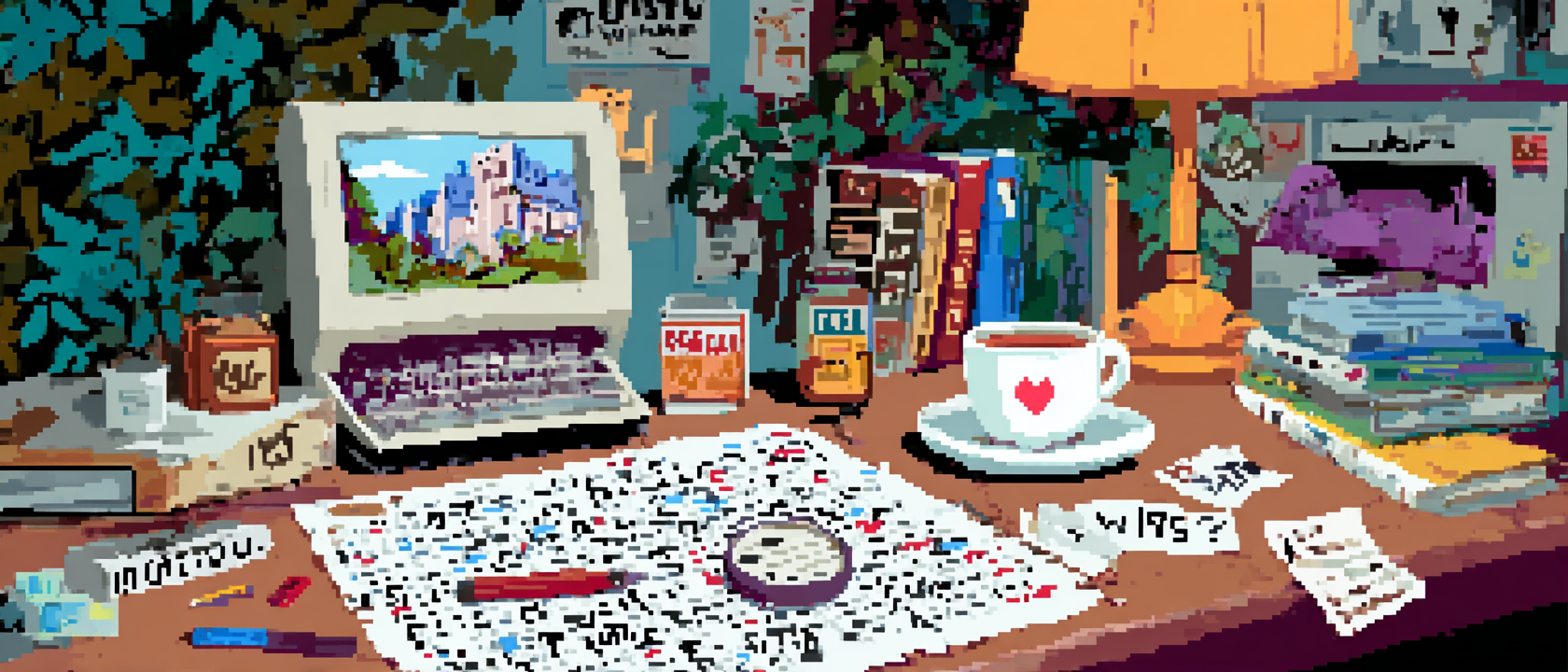 A giant crossword puzzle spread across a detective&rsquo;s desk like a crime scene map, with red string connecting clue boxes to photos of suspects on a corkboard, a magnifying glass resting on 17 across which reads &ldquo;WHO DID IT (OBVIOUSLY THE SECOND GUY THEY INTERVIEW),&rdquo; a cup of tea balanced precariously on the corner, warm lamplight, someone has written &ldquo;MOTIVE???&rdquo; in the margin in red pen but also doodled a little heart next to it