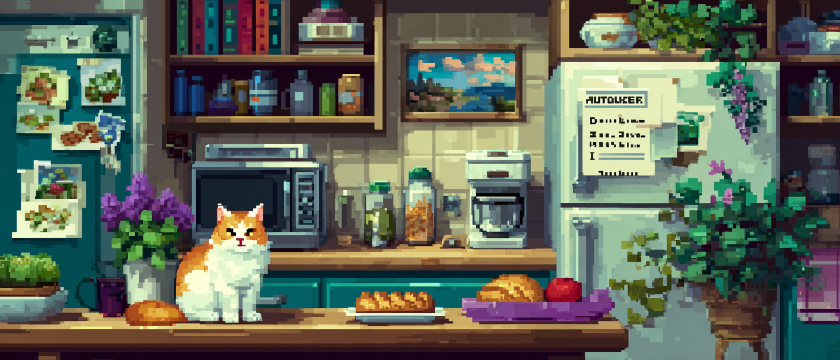 A hand-drawn notebook page taped to a refrigerator with scotch tape, the notebook has &lsquo;AUTHOR WEBSITE&rsquo; written in increasingly unhinged handwriting with arrows pointing to doodles of book covers, a squirrel in a superhero costume, and a sentient slime mold running a bakery, a to-do list on the side reads &lsquo;1. write books 2. submit books 3. wait 4. wait more 5. build website so waiting feels productive,&rsquo; a cat is sitting on the counter judging everything, warm kitchen lighting, crayon energy