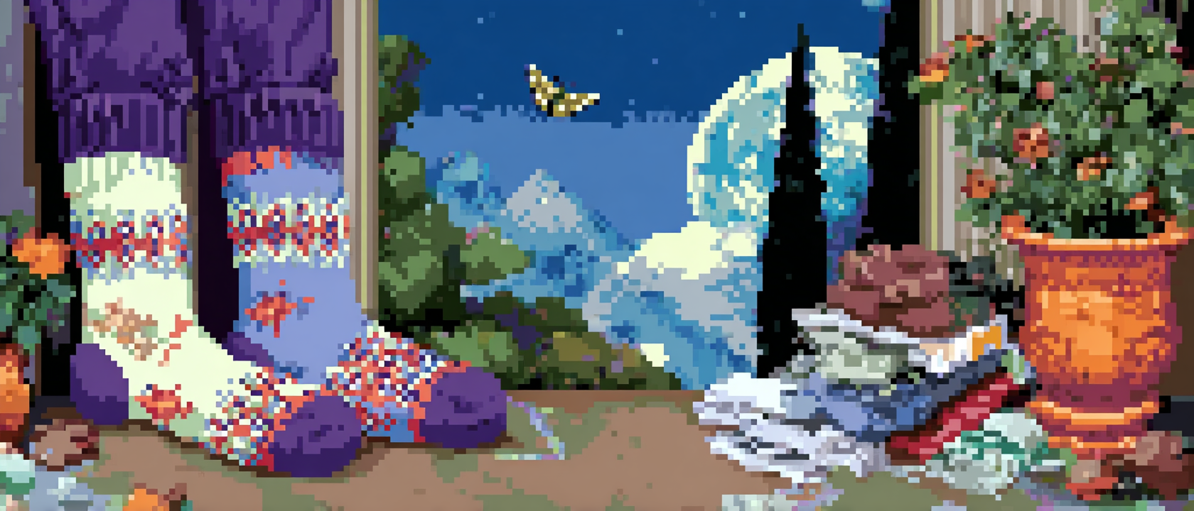 A pair of hand-knit waffle-stitch socks sitting on a velvet throne in a walk-in closet, looking smugly down at a crumpled pack of Hanes crew socks weeping on the floor below, a tiny speech bubble from the Hanes socks reading &lsquo;we used to be enough,&rsquo; dramatic spotlight from above, a single moth circling the fluorescent overhead light