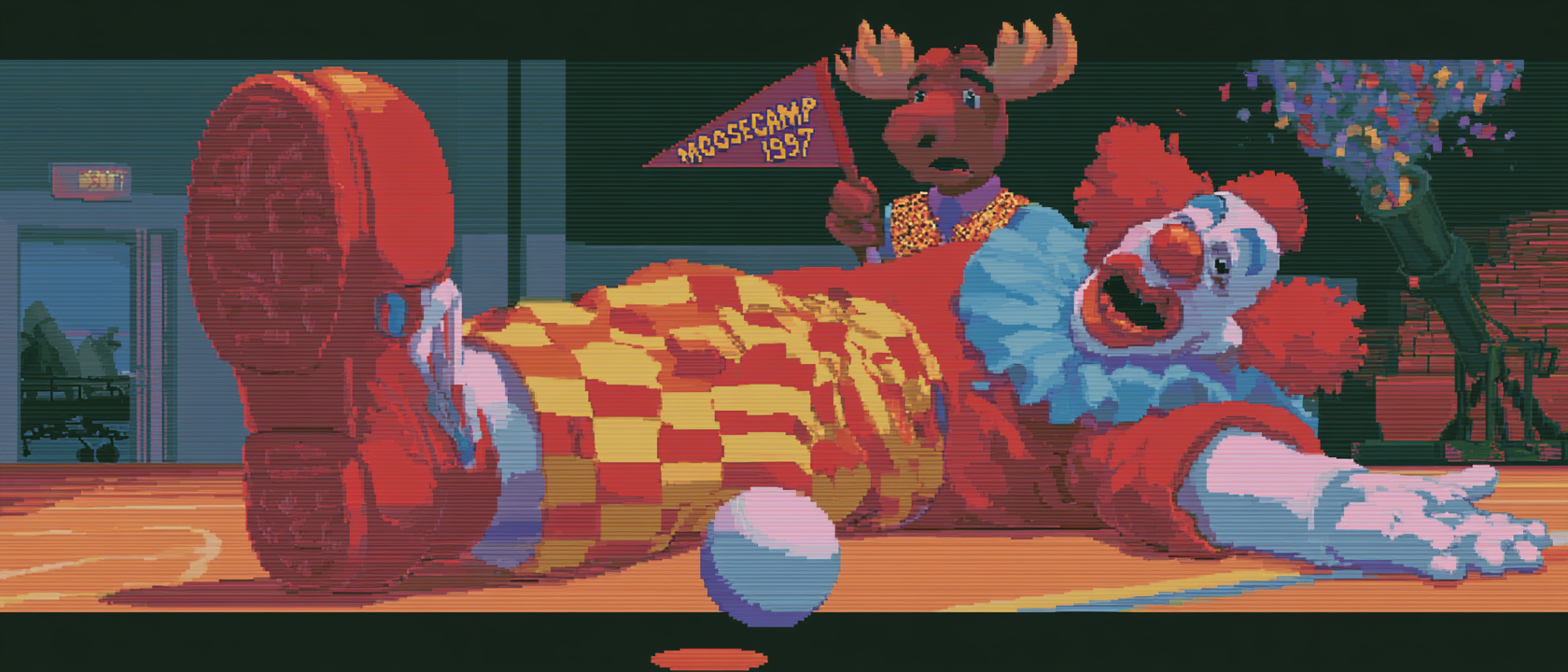 A heroic 17-year-old clown sprawled dramatically on the floor of a Minnesota community center, one comically oversized size-17 red shoe pointing skyward, a juggling ball rolling sadly away from his outstretched hand, his left elbow bent at an angle that makes everyone in the room gasp and look up at the ceiling for guidance; in the background a moose in a sequined vest holds a tiny “MOOSECAMP 1997” pennant and looks deeply concerned, a confetti cannon still smoking from the finale, and a single spotlight catches the exact moment physics decided to file a complaint, warm nostalgic lens flare, the faint outline of a hospital gurney visible through the gymnasium doors like a foreshadowing