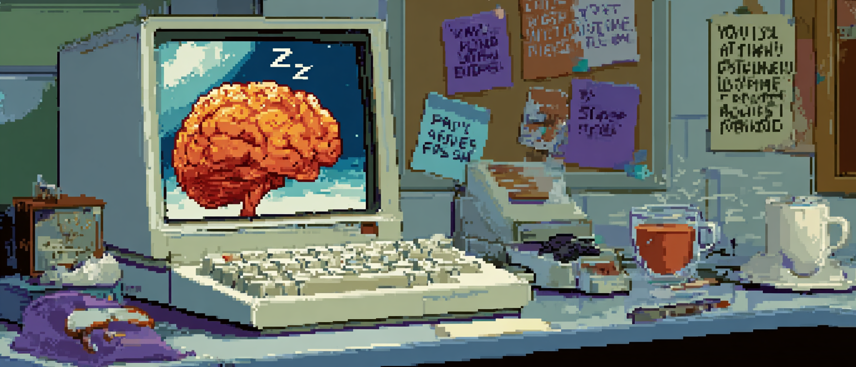 A cross-section diagram of a human brain sitting in a tiny office cubicle, half of it wearing a sleep mask and snoring with Z&rsquo;s floating out while the other half is frantically trying to type on a keyboard and answer a ringing phone, sticky notes everywhere reading &lsquo;PAY ATTENTION&rsquo; and &lsquo;STAY AWAKE PLEASE,&rsquo; a coffee mug the size of a swimming pool in the background, fluorescent lighting flickering ominously, a motivational poster on the wall that says &lsquo;YOU MISS 100% OF THE THOUGHTS YOU FORGET MID-SENTENCE&rsquo;