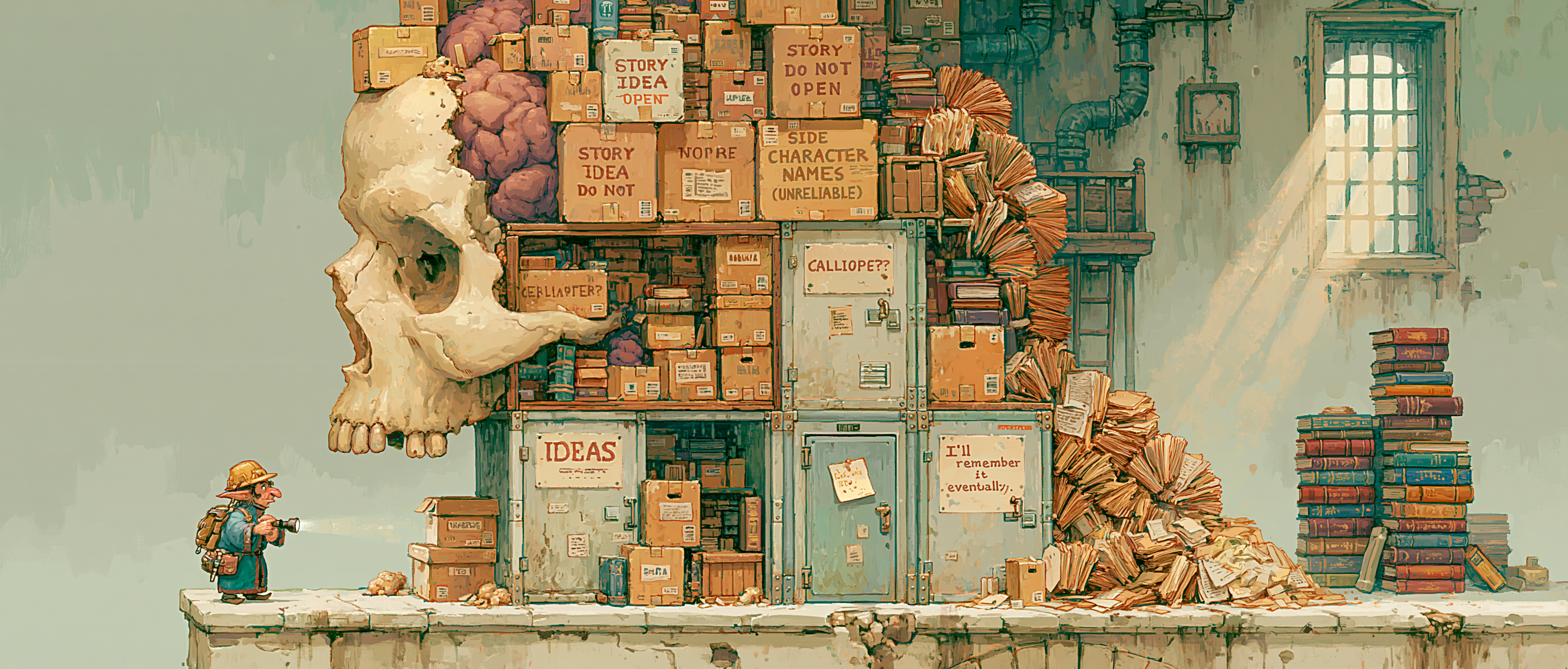 A cross-section of a human skull rendered as a catastrophically overstuffed self-storage facility instead of an elegant marble memory palace; units crammed with labeled cardboard boxes reading &ldquo;STORY IDEA — DO NOT OPEN,&rdquo; &ldquo;SIDE CHARACTER NAMES (UNRELIABLE),&rdquo; and &ldquo;CALLIOPE??&rdquo;, a tiny librarian-brain-goblin in a hard hat trying to find one specific box with a flashlight, file folders avalanching out of a unit marked &ldquo;IDEAS,&rdquo; a single sticky note on the door reading &ldquo;I&rsquo;ll remember it eventually,&rdquo; warm dusty light, dramatic shafts of sun through a grimy window, thirty half-finished manuscripts stacked like Jenga in the corner