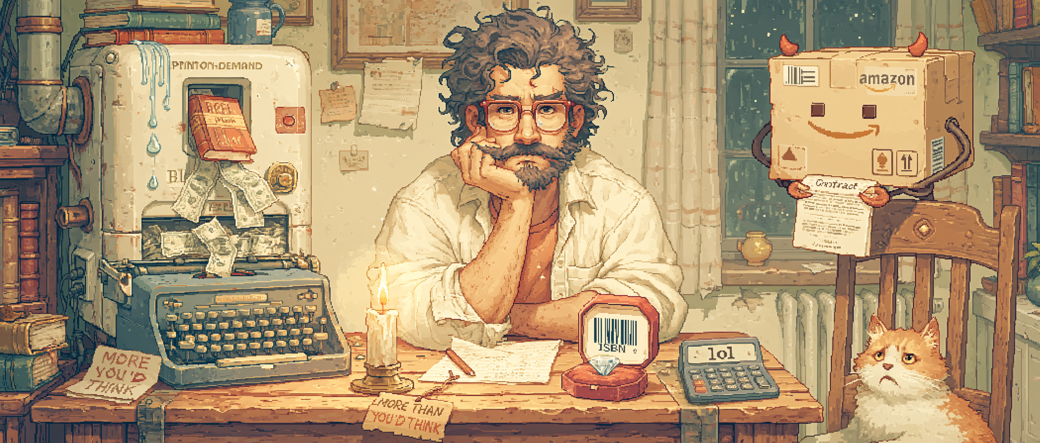 An indie author at a wobbly kitchen table doing publishing math on a napkin by candlelight, surrounded by a single weeping print-on-demand machine that dispenses books and crumpled hundred-dollar bills at the same time; across the room a cartoon Amazon box wearing tiny devil horns and a smarmy salesman grin holds out a contract; on the table sits an ISBN barcode displayed in a velvet ring box like a diamond, price tag reading &ldquo;MORE THAN YOU&rsquo;D THINK,&rdquo; a calculator that has visibly given up and is showing only the word &ldquo;lol,&rdquo; dramatic chiaroscuro lighting, a concerned cat supervising from a nearby chair