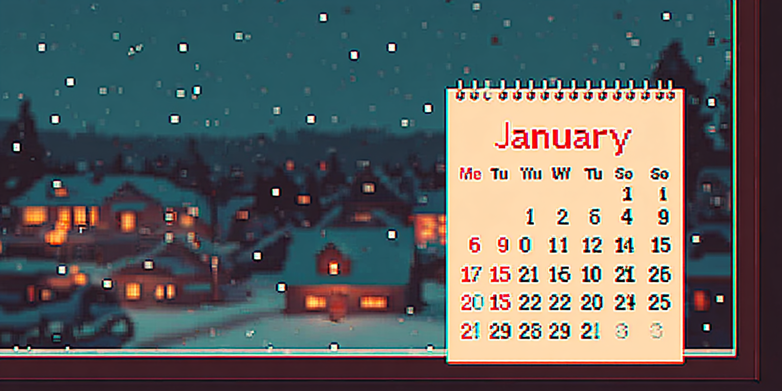 A calendar page showing January and February with dates circled, soft focus, a window in the background showing winter light, the feeling of time stretching ahead with both anxiety and possibility