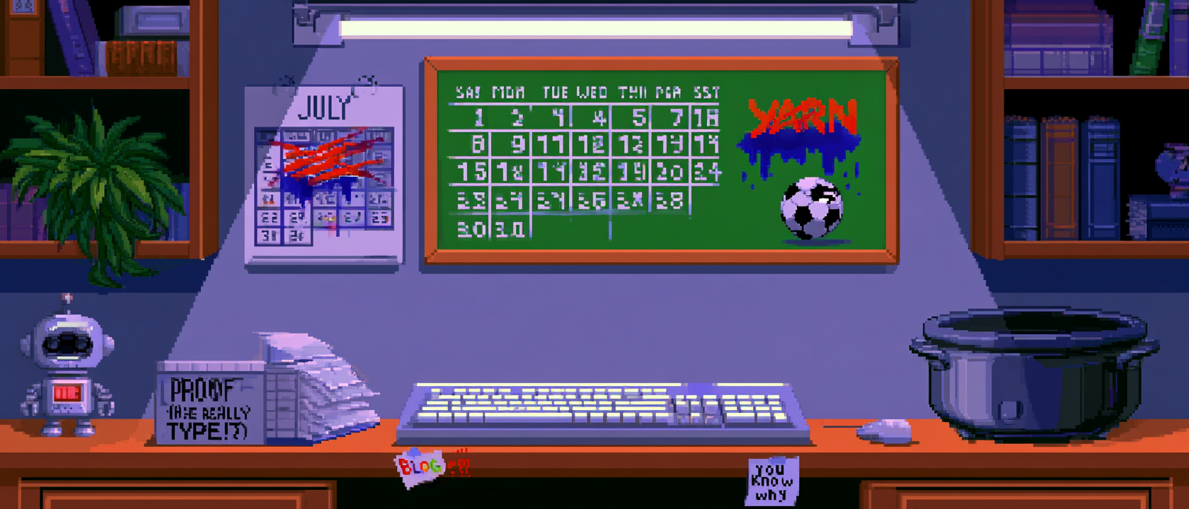 A wall calendar for the month of July that has visibly given up on life, several days have been violently crossed out with a marker, one square just says &ldquo;YARN&rdquo; in enormous letters and is bleeding indigo dye onto the squares below it, another square contains a tiny soccer ball with a suspicious eyebrow drawn on it, a small robot in the corner is diligently transcribing every keystroke into a ledger labeled &ldquo;PROOF (HE REALLY DID TYPE IT),&rdquo; a sticky note is peeling off the bottom that reads &ldquo;BLOG???&rdquo; in increasingly panicked handwriting, a second sticky note underneath simply reads &ldquo;you know why,&rdquo; dramatic overhead office lighting, a single sad crockpot of dye simmering off to the side