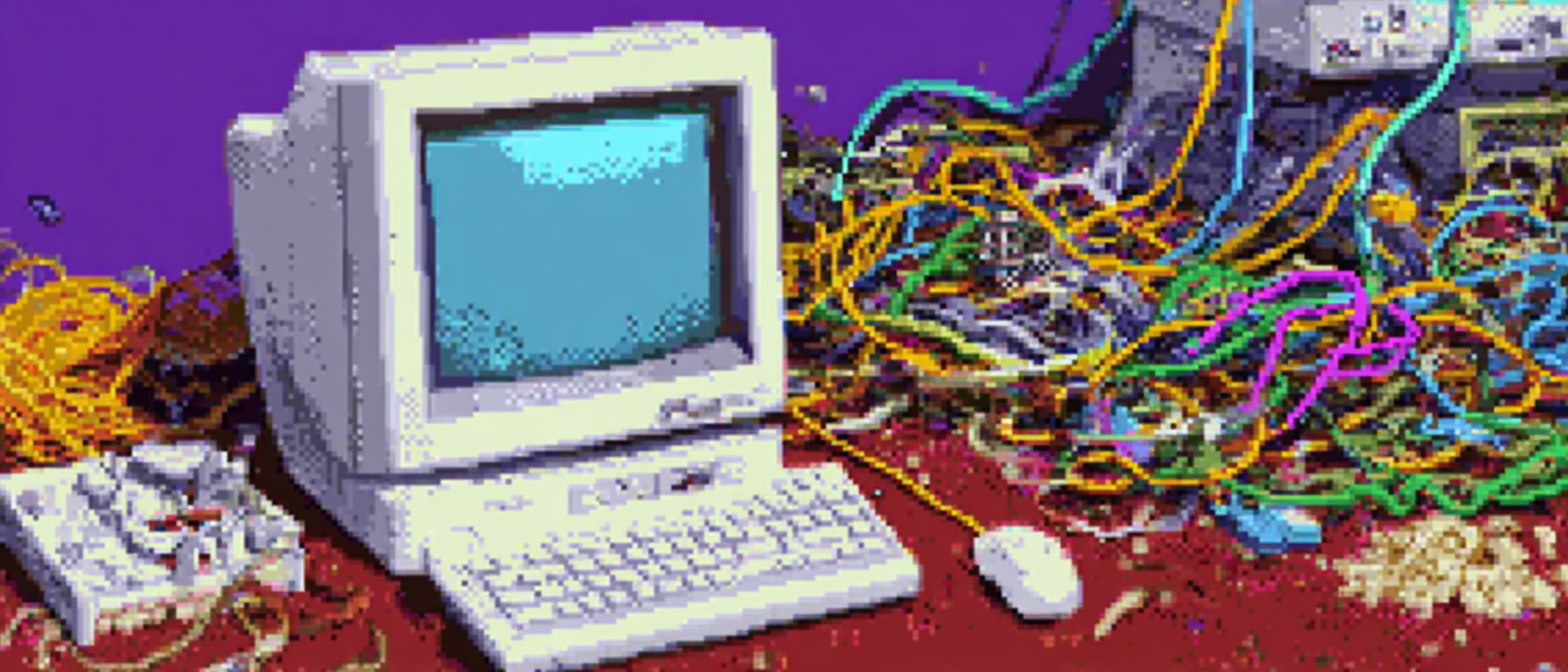 A tangled mess of cables next to a single clean cable, both plugged into the same thing