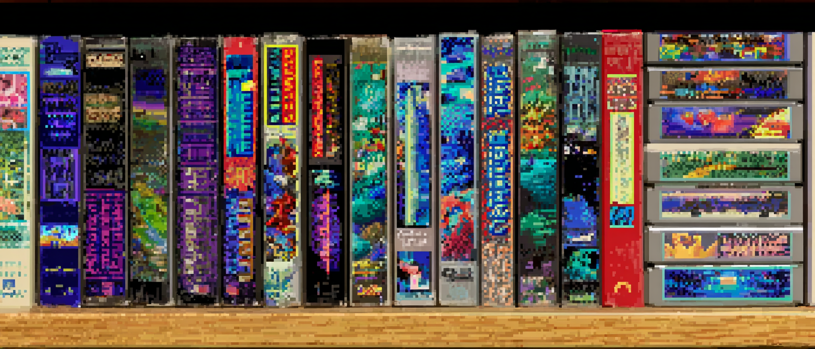 A long row of well-worn paperback spines on a shelf, seventeen of them action-posed and explosive, the eighteenth one quiet and still — a person sitting down