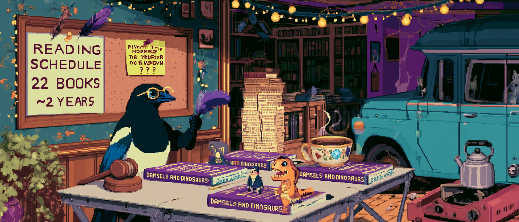 A magpie in tiny half moon reading glasses sits at the head of a long folding table inside a bookmobile, gavel raised, calling a meeting to order. A copy of “Damsels and Dinosaurs” by Wren Jones is at every place setting; one setting also has a tiny cartoon dinosaur in a Regency cravat looking deeply offended. Around the table: a humanoid stack of librarian index cards in a bow tie, a sentient cup of Earl Grey with strong opinions, and the step van itself wedged in the corner having an identity crisis about whether it’s a member or just the venue. A wall clipboard reads “READING SCHEDULE 22 BOOKS / ~2 YEARS” pinned with a magpie feather thumbtack; a sticky note in panicked handwriting reads “PIVOT TO HORROR IN MONTH SEVEN ???”. Twinkle lights overhead, a whistling kettle on a camping stove. Through the back window: a fully funded brick and mortar bookstore weeping with jealousy. Soft golden lighting.