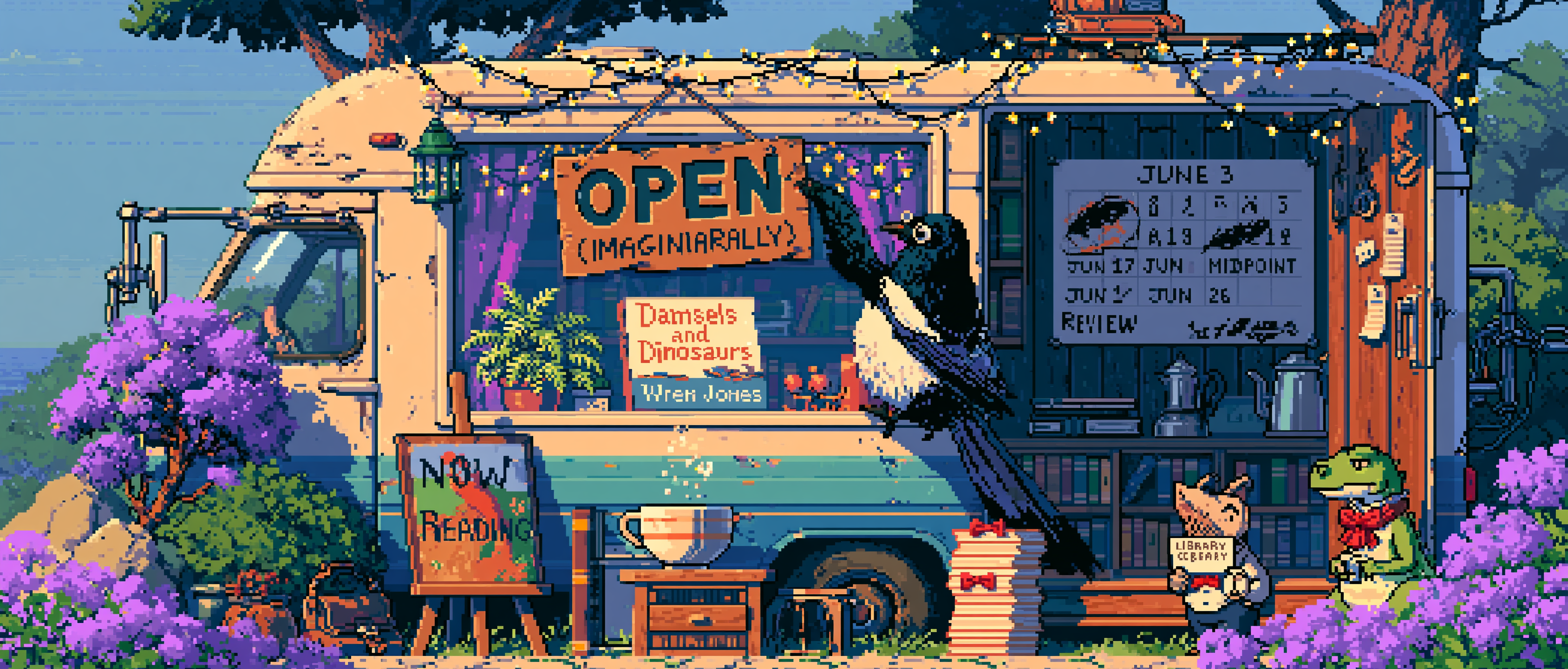 A magpie in tiny half-moon reading glasses flipping the cardboard &ldquo;CLOSED&rdquo; sign in a bookmobile window to &ldquo;OPEN (IMAGINARILY),&rdquo; one wing on the glass like it&rsquo;s unlocking a real shop at dawn; a copy of &ldquo;Damsels and Dinosaurs&rdquo; by Wren Jones propped in the window display beside a tiny potted fern and a &ldquo;NOW READING&rdquo; easel; outside, a small orderly queue of would-be members waits in the morning light — a sentient cup of Earl Grey, a stack of library index cards in a bow tie, and one tiny Regency-cravat dinosaur checking a pocket watch and looking put out; a wall calendar inside has JUNE 3 circled in magpie-feather ink with &ldquo;JUN 17 — MIDPOINT&rdquo; and &ldquo;JUN 26 — REVIEW&rdquo; scrawled below; twinkle lights, a whistling kettle, golden hour pouring through the windshield