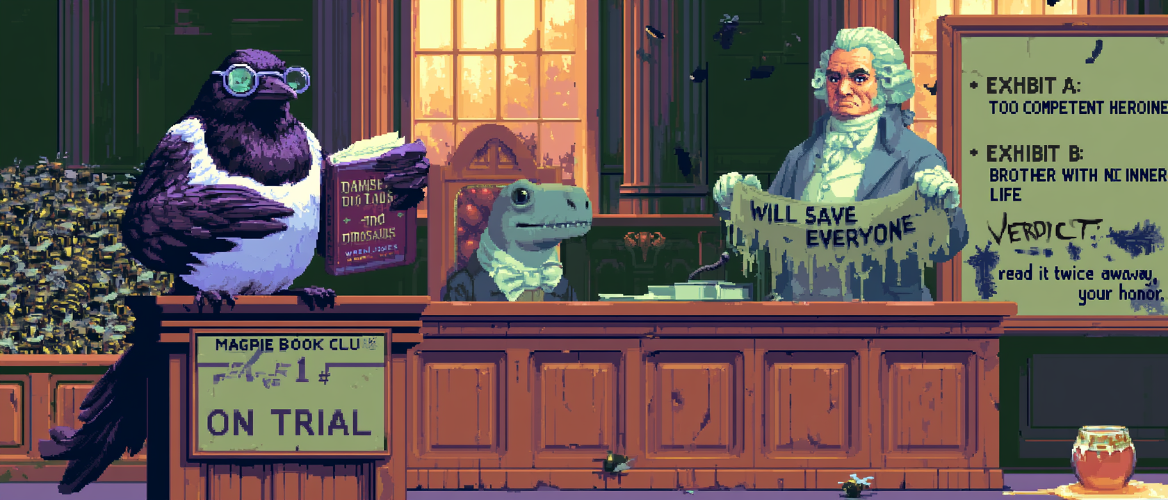 A magpie in tiny half-moon reading glasses sitting at a courtroom witness stand labeled &ldquo;MAGPIE BOOK CLUB — PICK #1 ON TRIAL,&rdquo; holding up a copy of &ldquo;Damsels and Dinosaurs&rdquo; by Wren Jones with one wing while the other wing wipes away a single tear; in the defendant&rsquo;s chair sits a small cravat-wearing dinosaur looking entirely too pleased with itself; the prosecution table is staffed by a pompous Regency gentleman in a powdered wig clutching a soggy &ldquo;I WILL SAVE EVERYONE&rdquo; banner that is visibly failing him; the evidence board behind them reads &ldquo;EXHIBIT A: TOO COMPETENT HEROINE&rdquo; and &ldquo;EXHIBIT B: BROTHER WITH NO INNER LIFE&rdquo; and, scrawled underneath in magpie-feather ink, &ldquo;VERDICT: read it twice anyway, your honor&rdquo;; a jury box full of confused bees; golden afternoon light through tall windows; a honey jar leaking sadly onto the floor